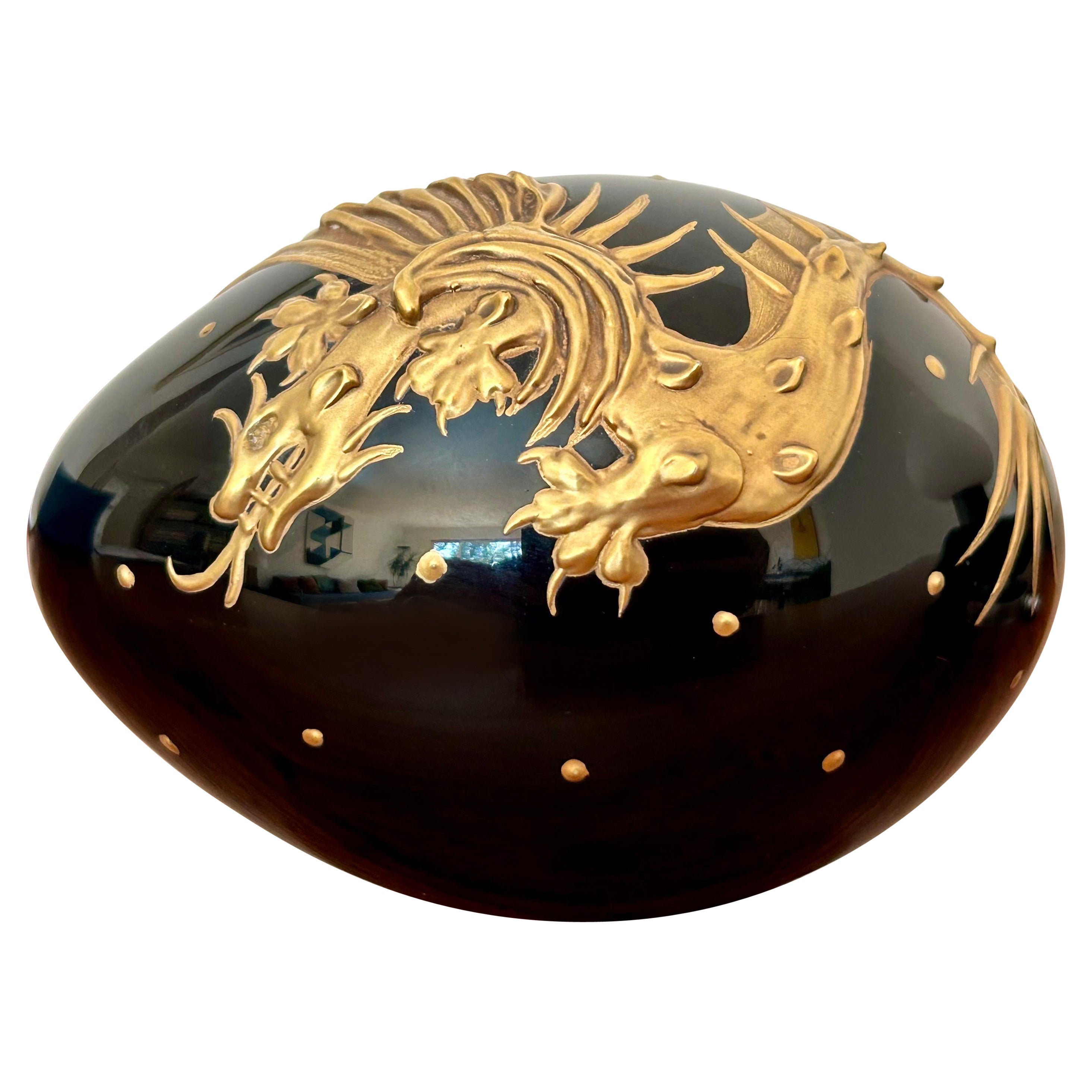 Dragon d'or en cristal noir Faberge Objet d'art 