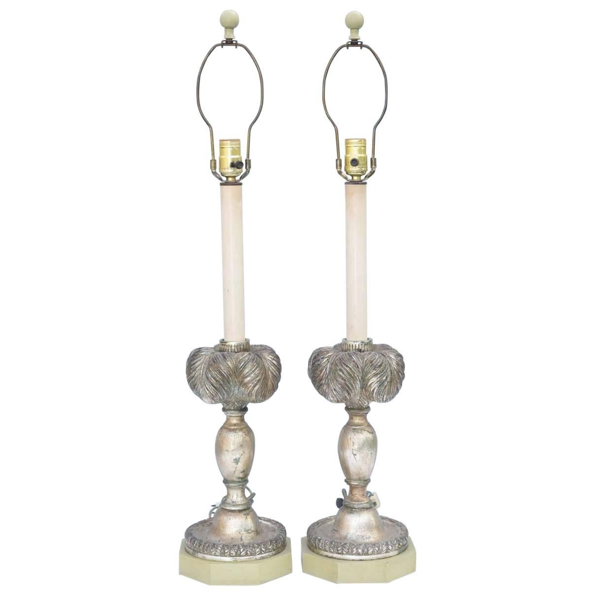 Pair of Carved Silvergilt Plume-Form Lamps