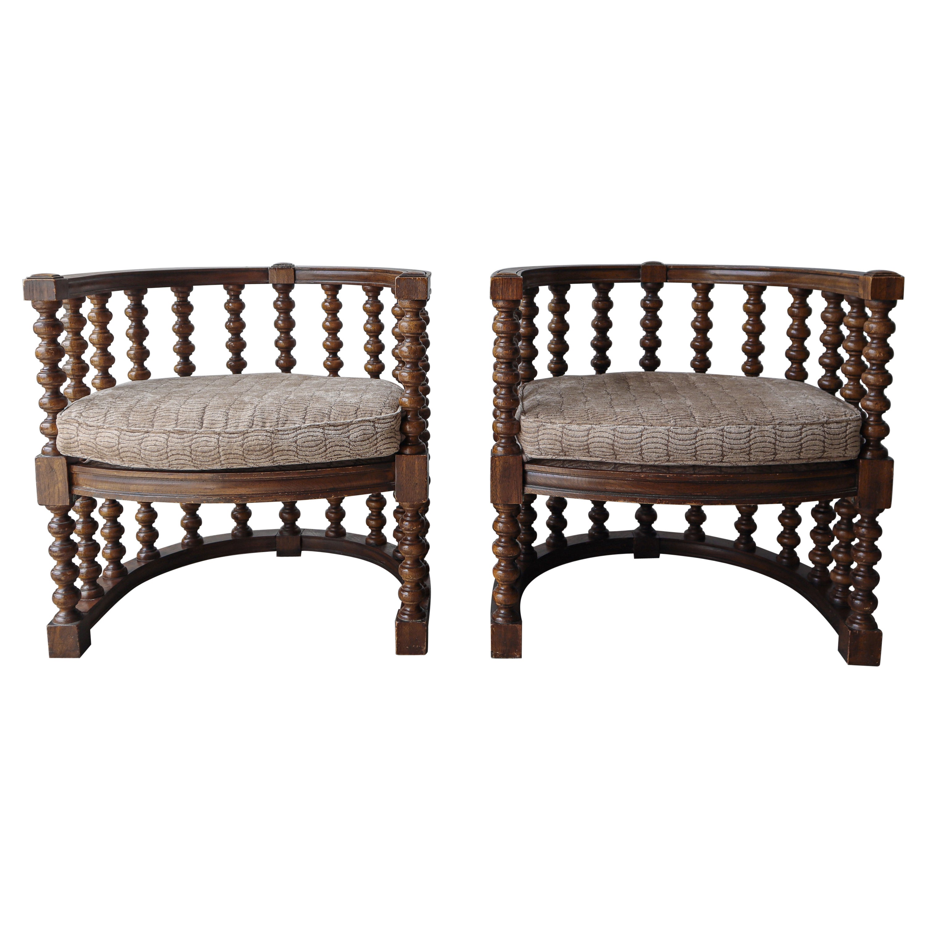 Pair of 1970's Spanish Revival Bobbin Barrel Chairs