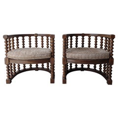 Vintage Pair of 1970's Spanish Revival Bobbin Barrel Chairs