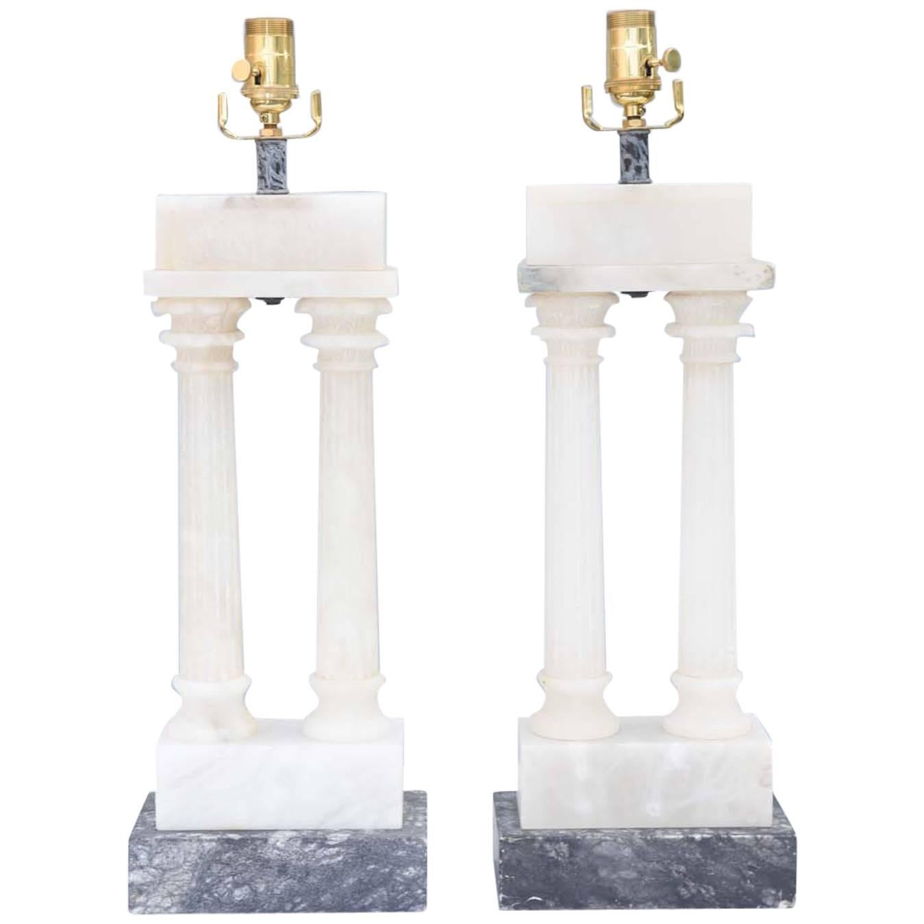 Pair of Alabaster Dual Column Lamps