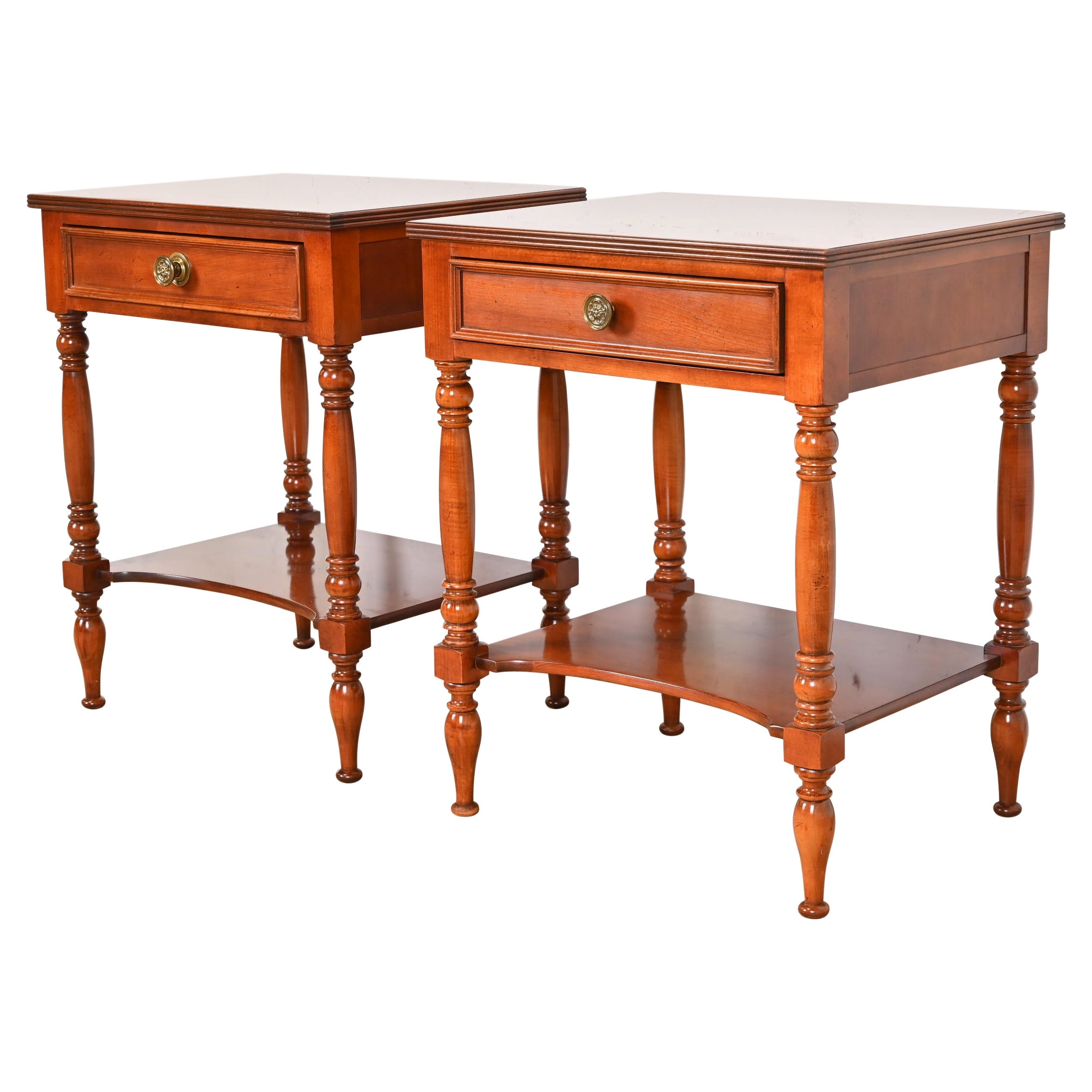 Baker Furniture American Colonial Carved Cherry Wood Nightstands, Pair