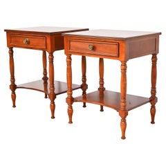Antique Baker Furniture American Colonial Carved Cherry Wood Nightstands, Pair