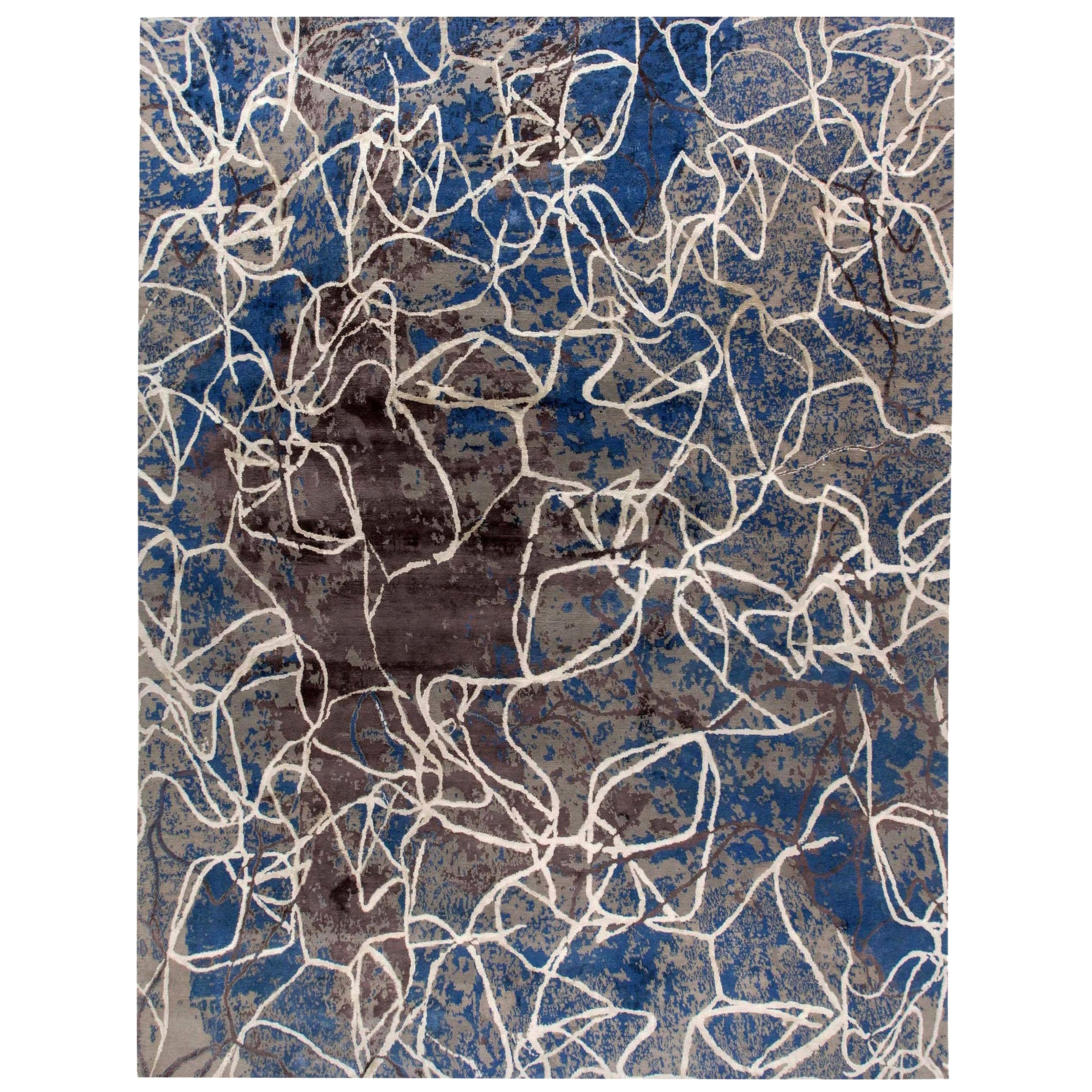 Contemporary Indigo and Brown Hand-Spun Wool and Silk Rug by Doris Leslie Blau For Sale