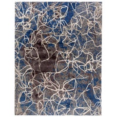 Tapis contemporain en laine et soie filé à la main indigo et marron de Doris Leslie Blau