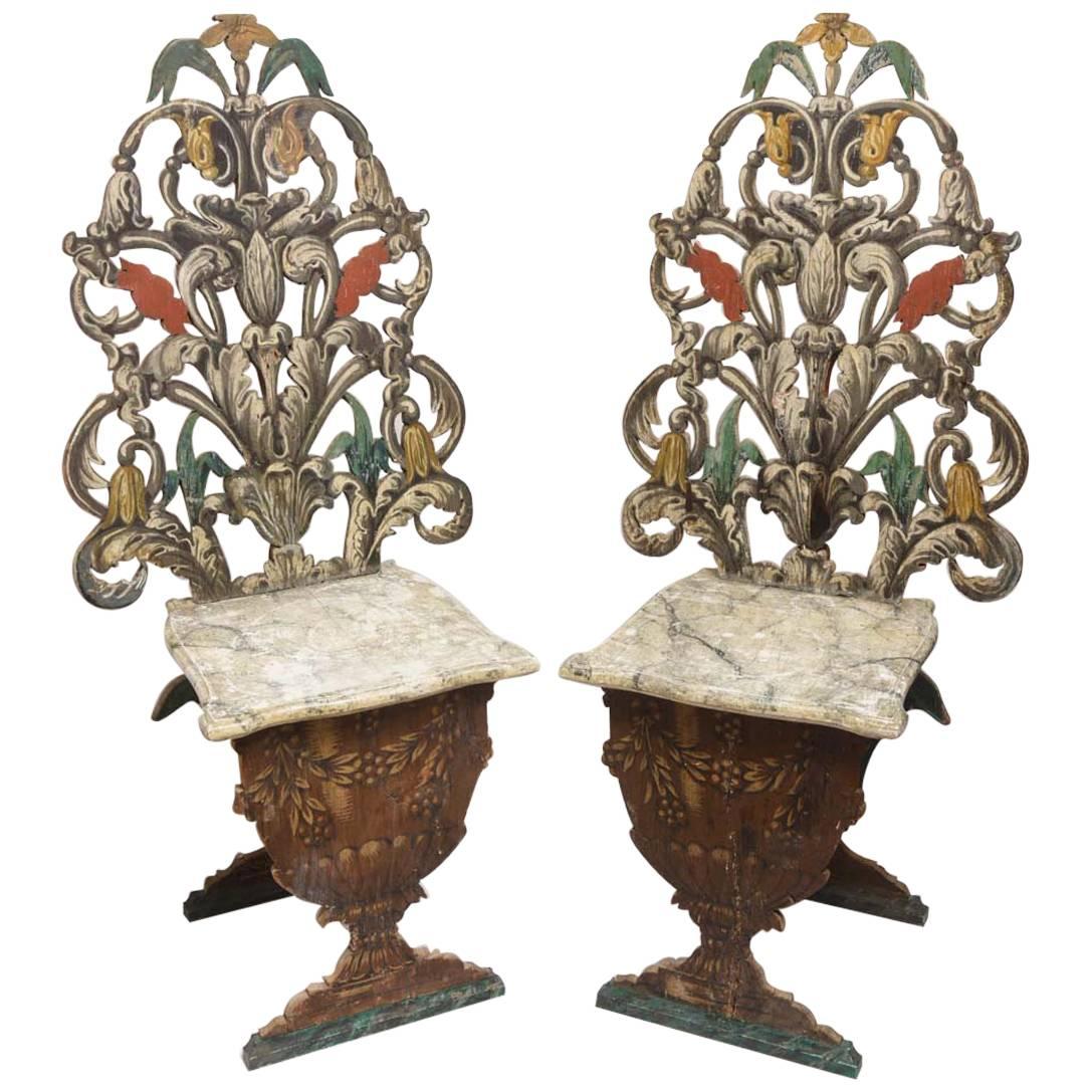 Exceptional Pair of Antique Hand Painted Venetian Grotto Chairs