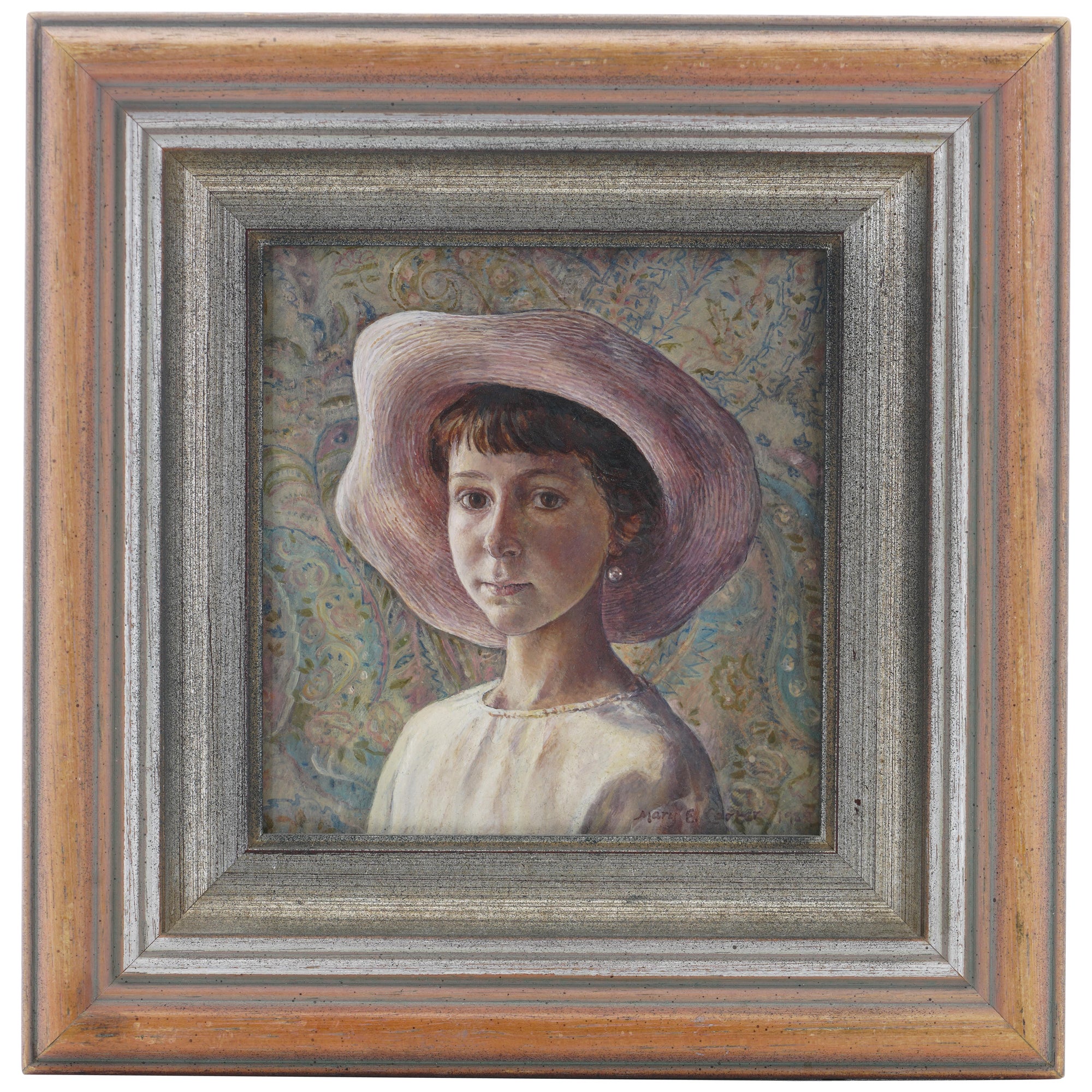 Mary E Carter oil on canvas painting of a girl with a hat For Sale