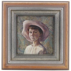 Used Mary E Carter oil on canvas painting of a girl with a hat
