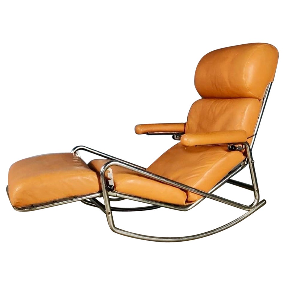 Banmüller Lama Brown Leather French German Rocking Lounge Chair Chaise