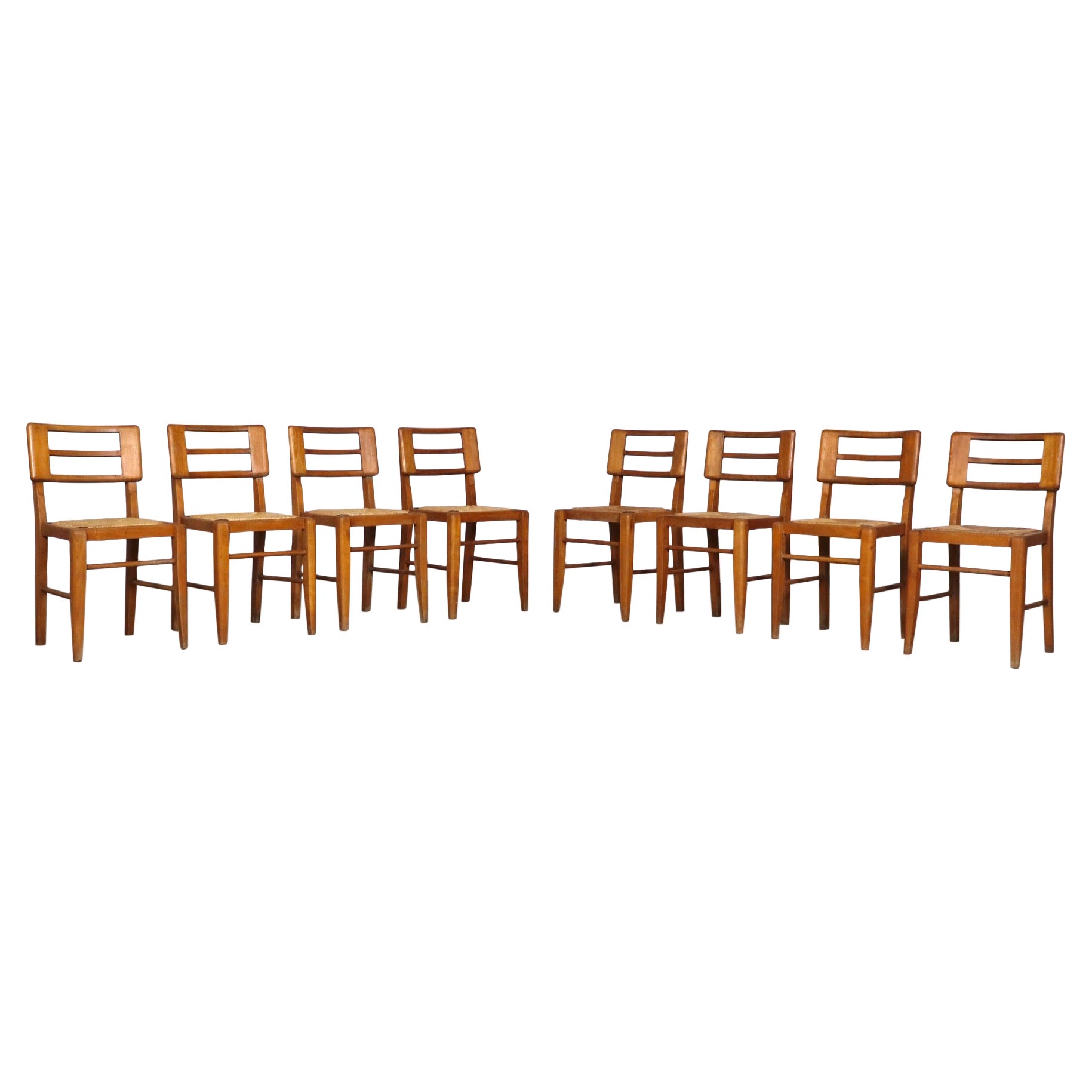 Set Of 8 Dining Chairs By Pierre Cruège In Oak And Straw, France 1950s