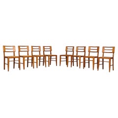 Retro Set Of 8 Dining Chairs By Pierre Cruège In Oak And Straw, France 1950s