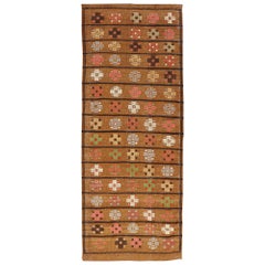 Tapis de course Kilim turc vintage avec motifs géométriques riches en Brown 3'2 x 8'6