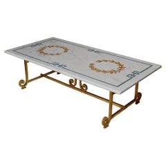 Tavolino marmo bianco intarsiato e base in ferro battuto fatto a mano in Italia