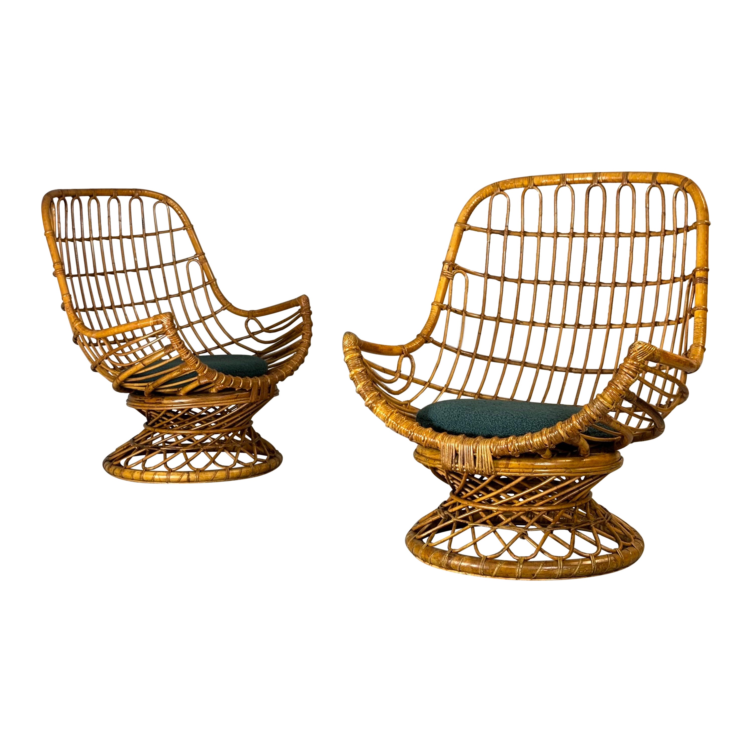 Wicker armchairs, 1960s, green bouclé seat, set of 2 For Sale