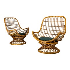 Wicker armchairs, 1960s, green bouclé seat, set of 2