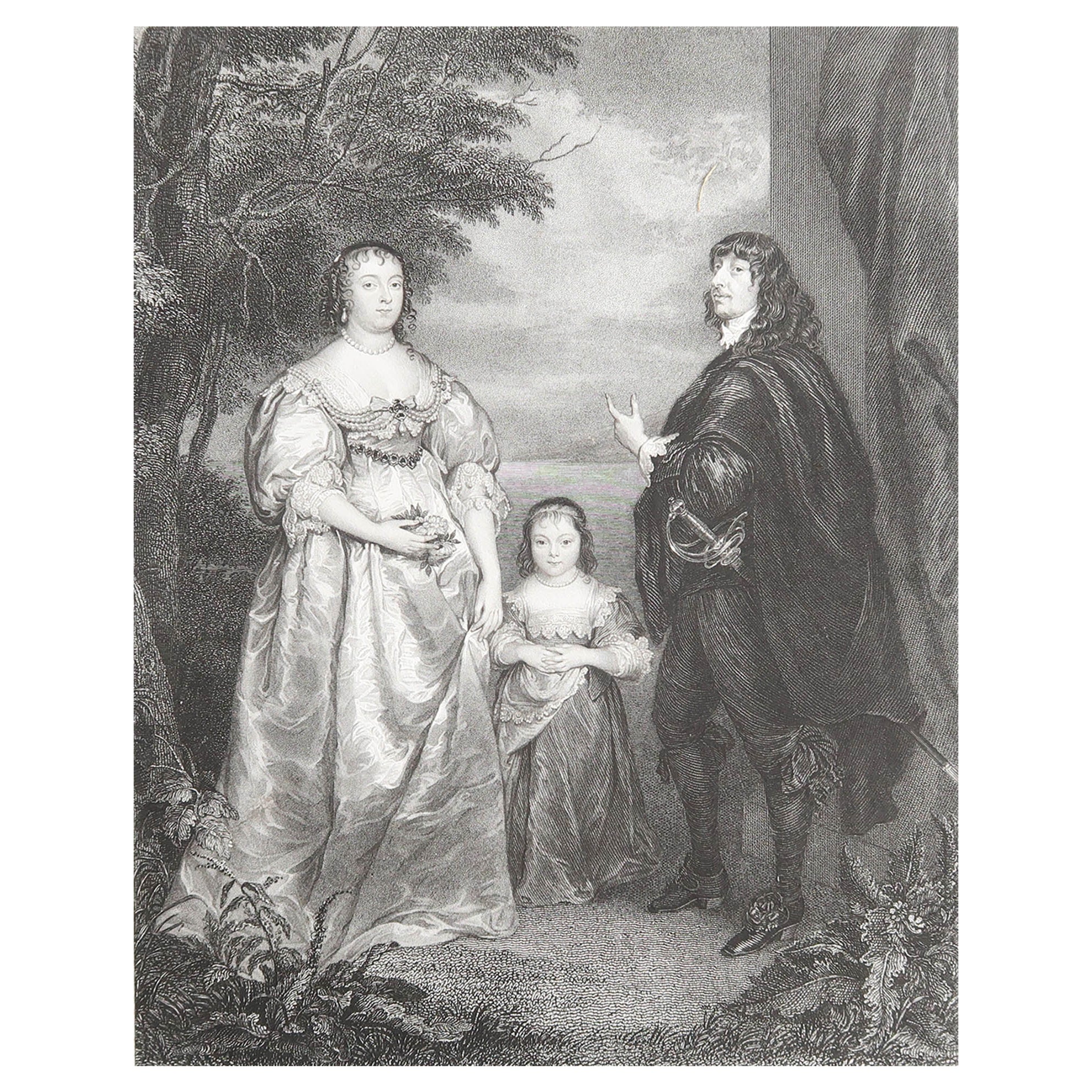 Impression ancienne originale d'une famille aristocratique d'après Van Dyck. Daté de 1832