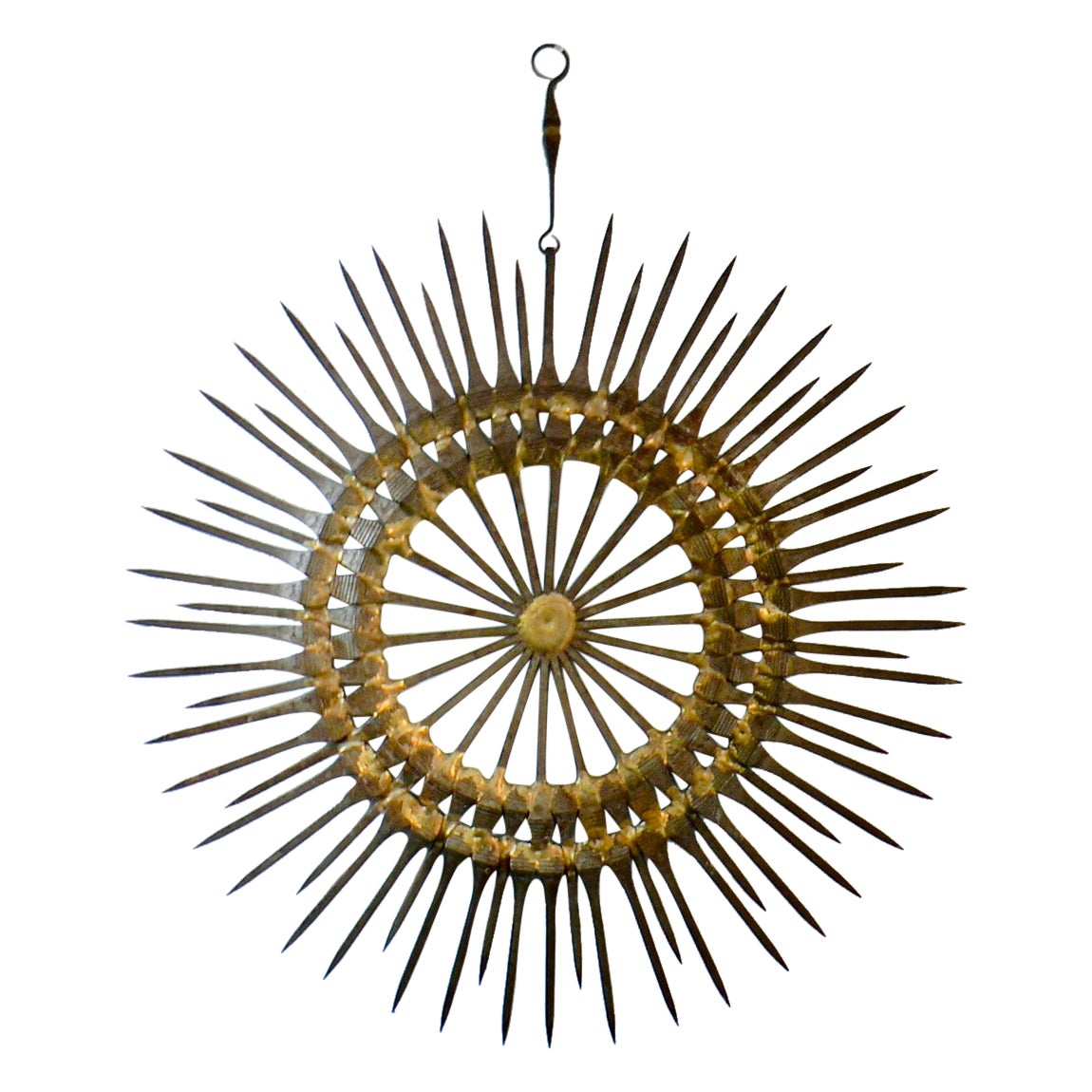 Mid-Century Modern Gilt Iron Sunburst Wall Sculpture by William Bowie For Sale