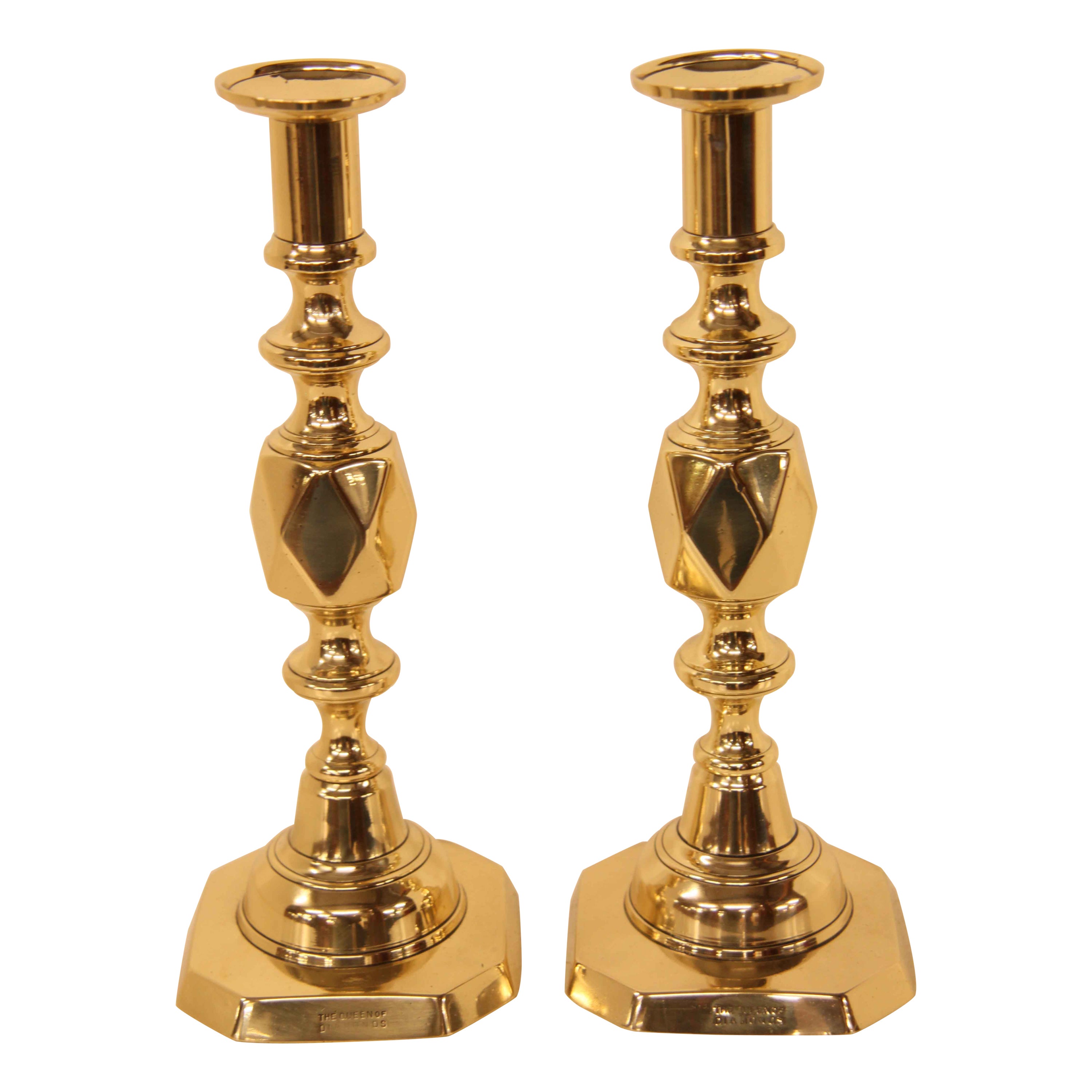 Pair of English Brass ''Queen of Diamonds'' Candlesticks For Sale