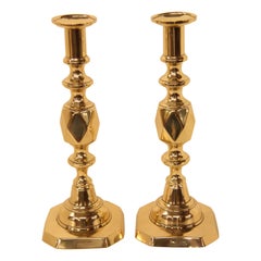 Antique Pair of English Brass ''Queen of Diamonds'' Candlesticks