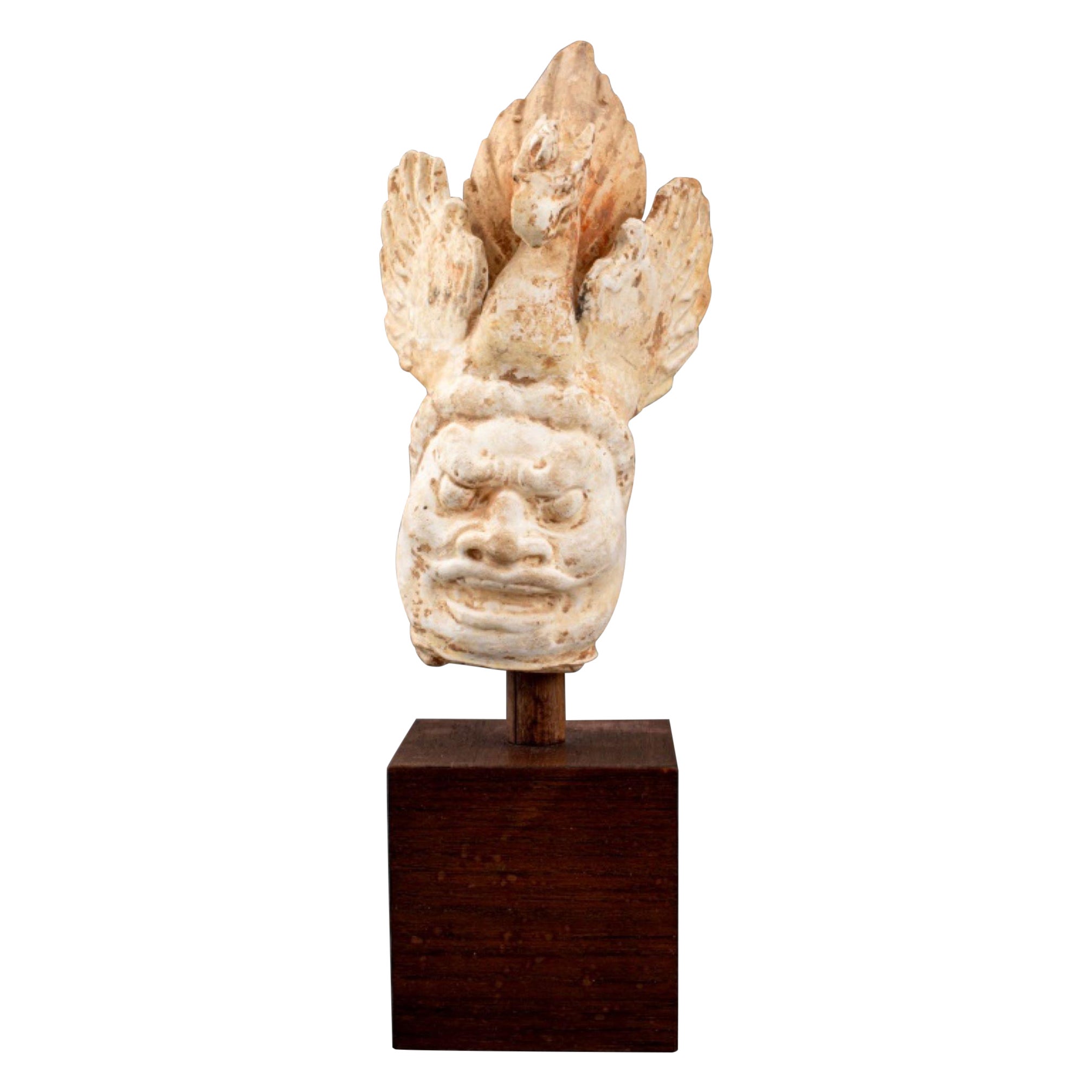 Tang Pottery Lokapala Head with Bird Headdress For Sale