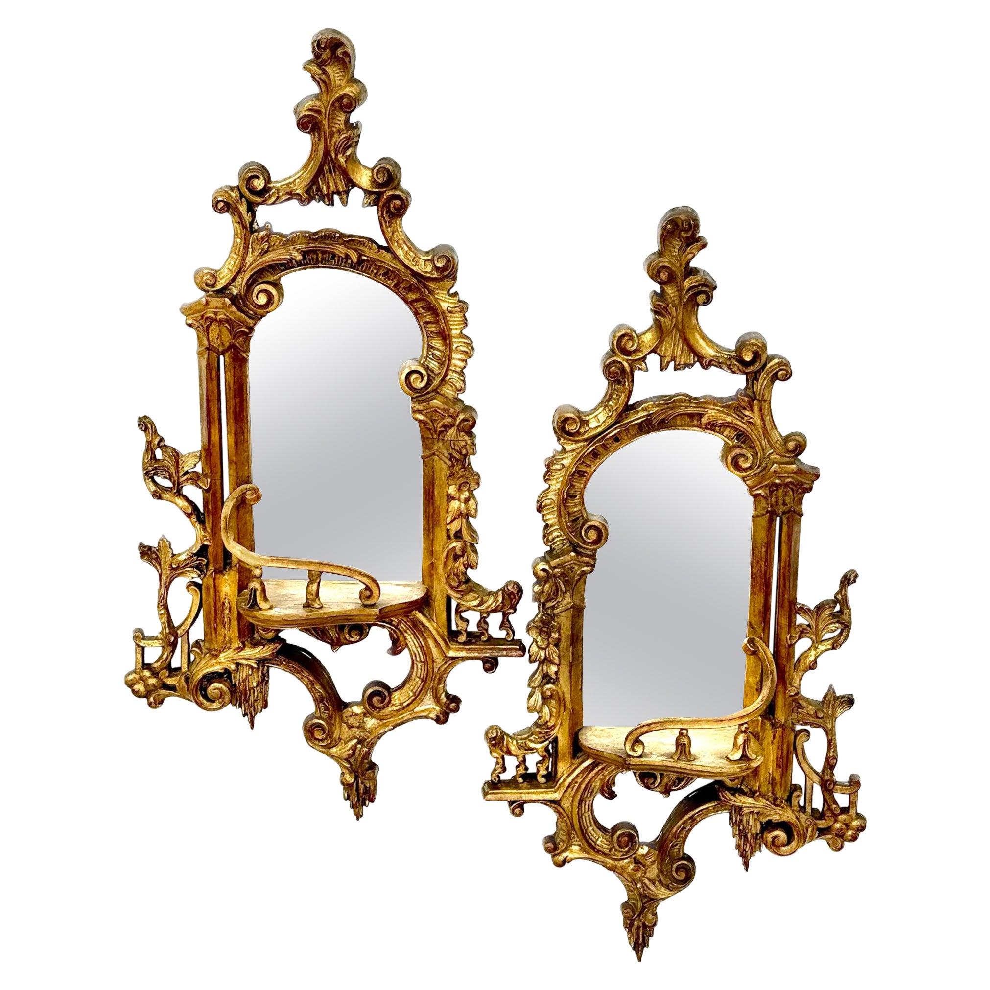 Pair Of Chinese Chippendale Gilt Mirrored Wall Brackets For Sale