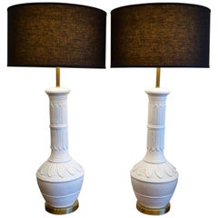 Vintage Pair of Hollywood Regency White Table Lamps, Ceramic with Palm Leaf Relief