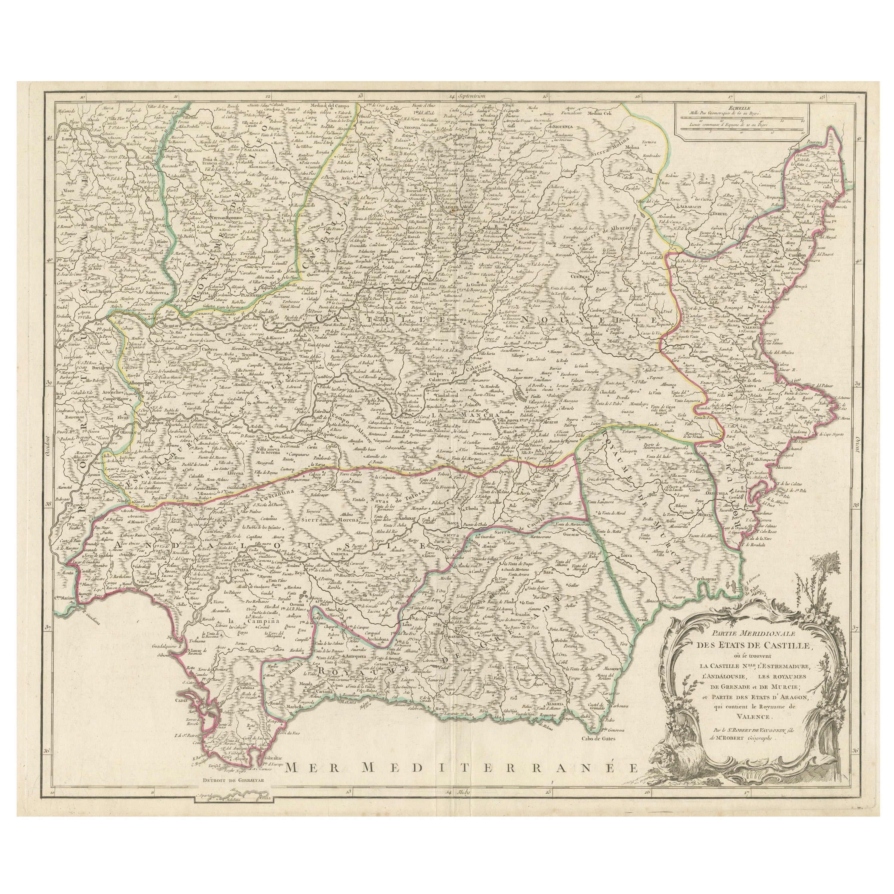 Detailed Engraving Highlighting Key Regions of Southern Spain and Castile, 1752 For Sale