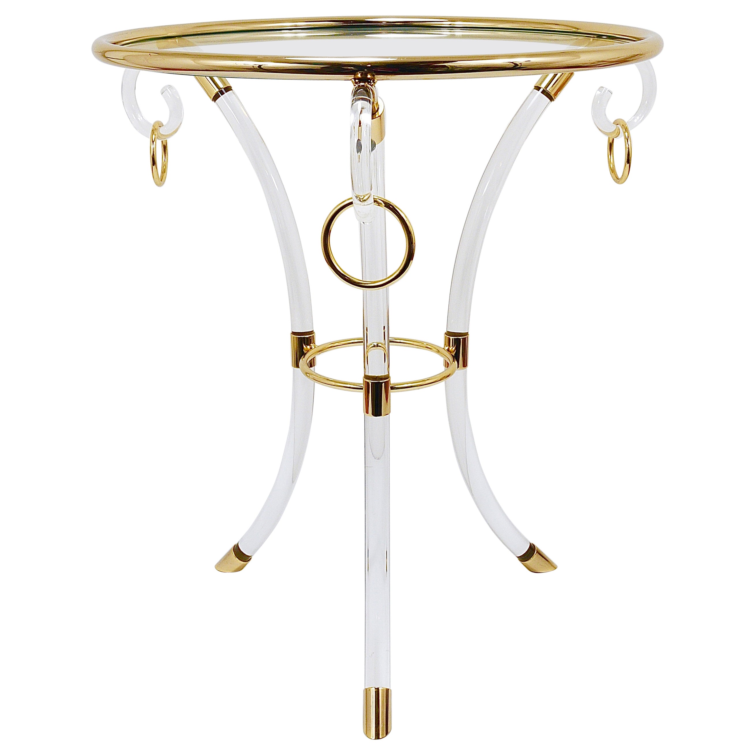 Maison Jansen Style Lucite & Gilt Metal Tripod Coffee Table Pedestal Gueridon