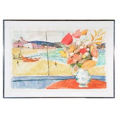 Retro Charles Levier (French, 1920 - 2003) Large Watercolor & Ink Floral Bouquet 