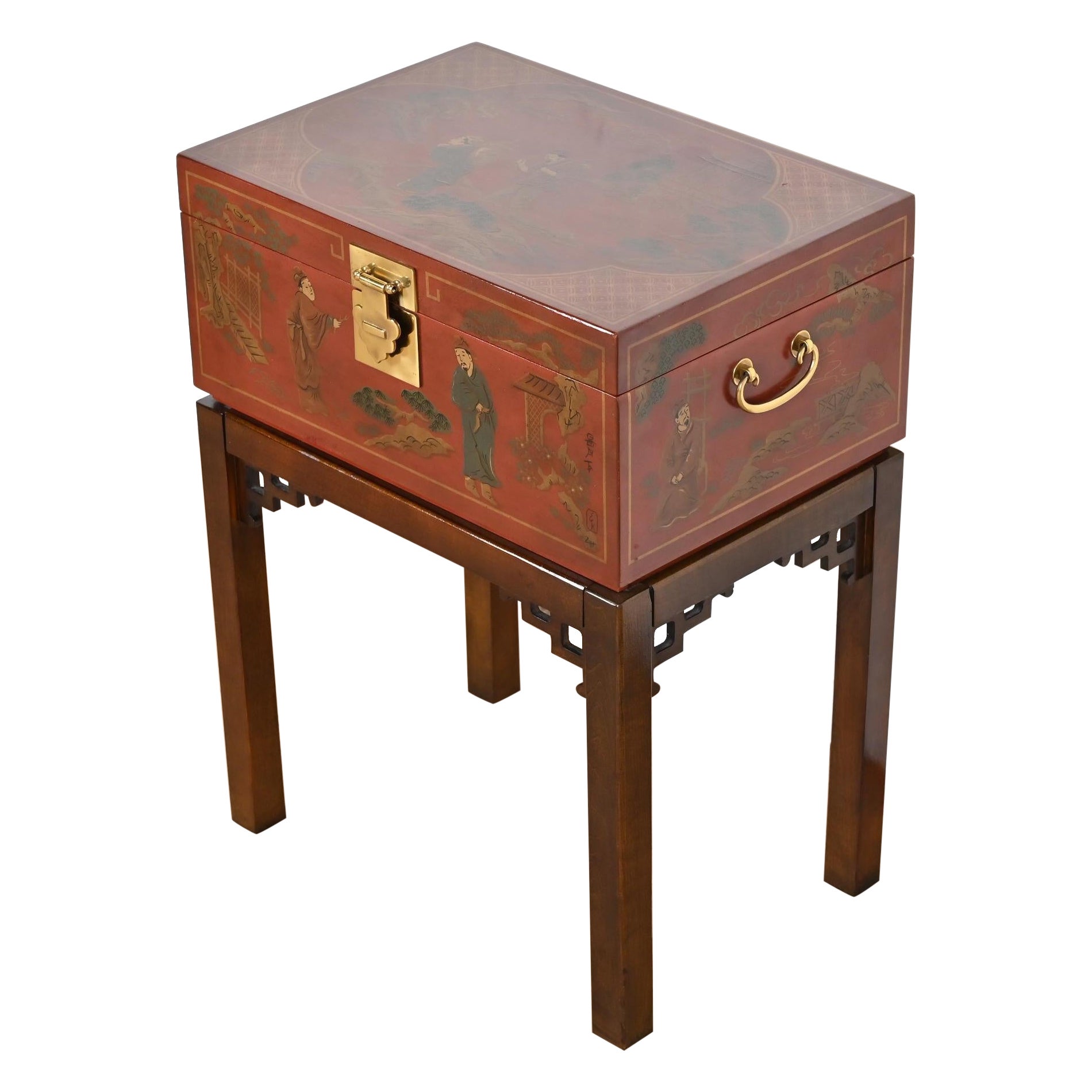 Drexel Heritage Hollywood Regency Chinoiserie Hand-Painted Red Chest on Stand