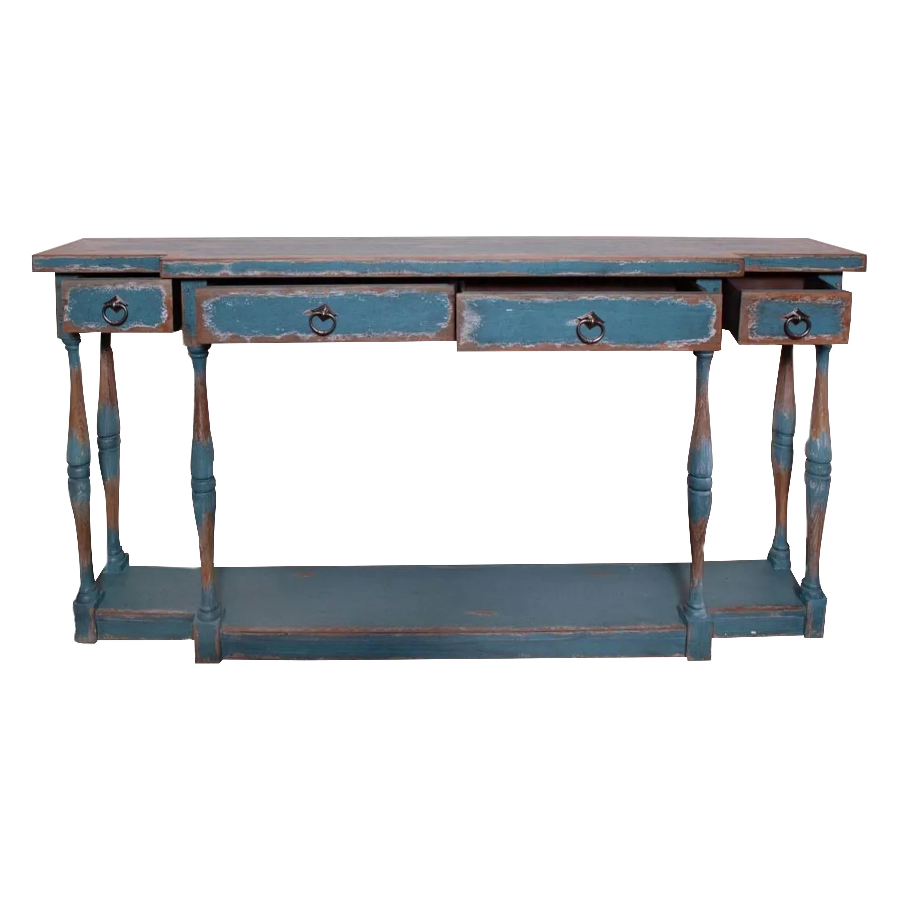 Primative Blue Wooden Hall Table For Sale
