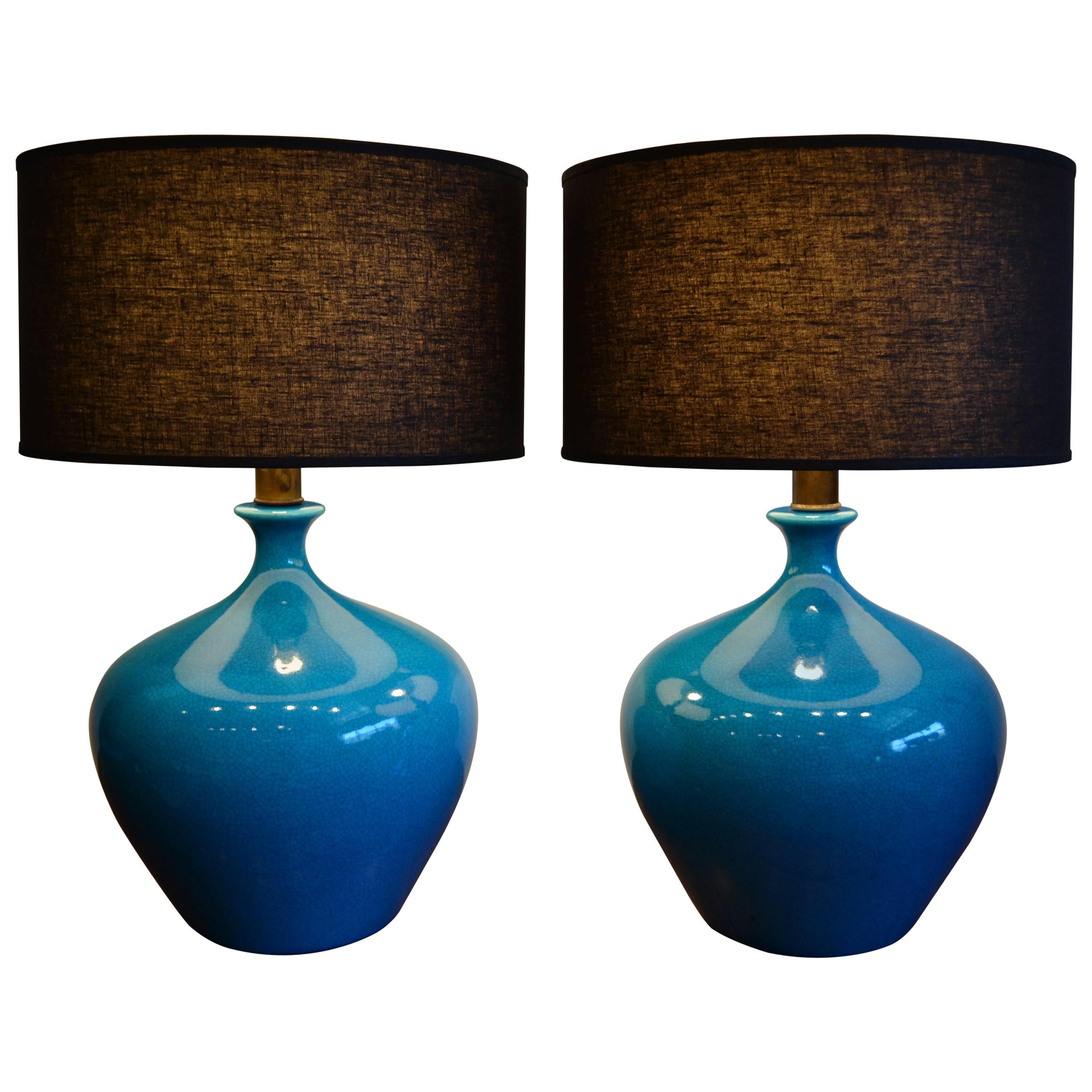 Exceptional Pair of Blue Ceramic Crackle Glaze Table Lamps, 1950s