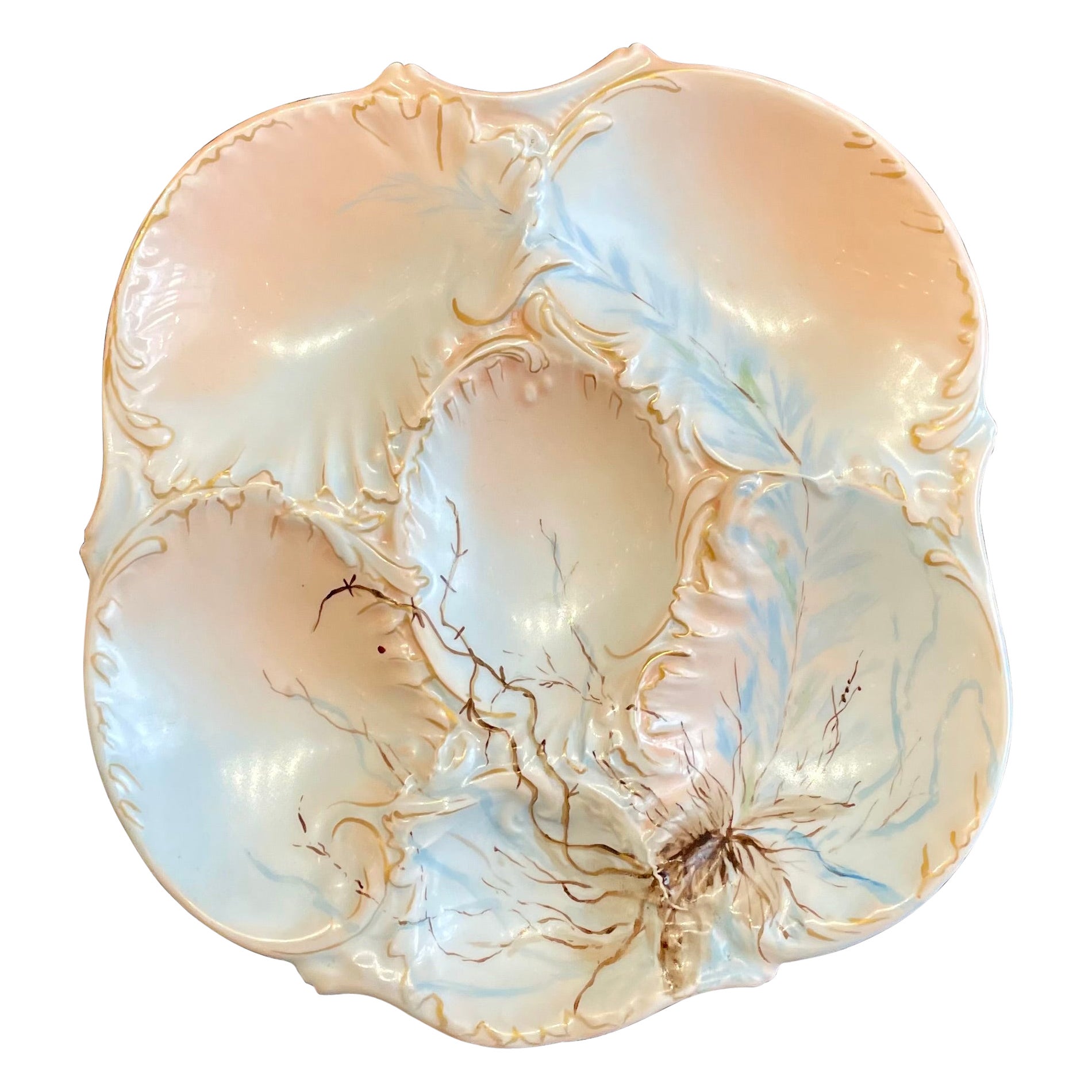 Antique French "M.R. Limoges" Porcelain Shaped Pastel Oyster Plate, Circa 1900. For Sale