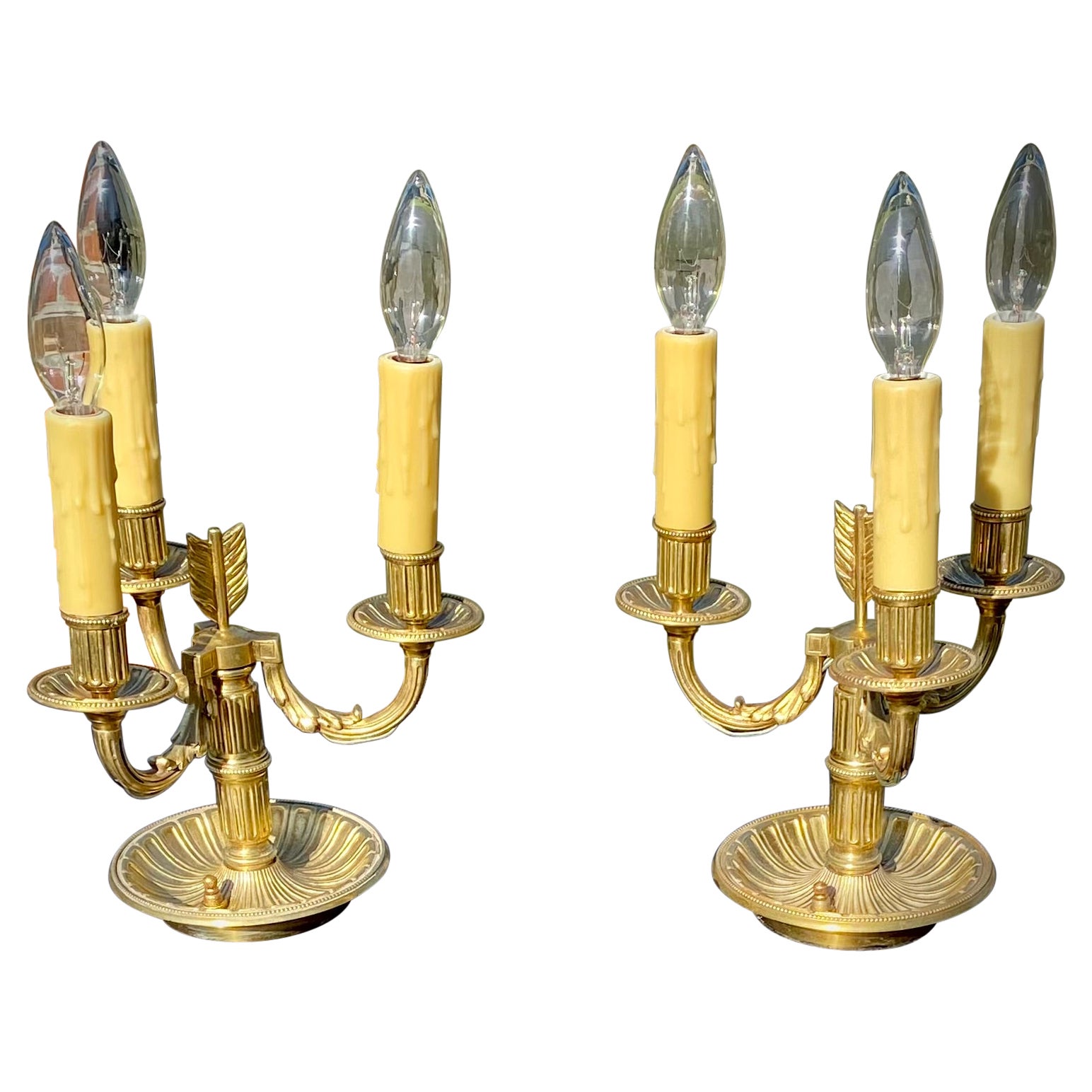Pair Of Gilded Bronze Three Light Candelabra Lamps, Early 20th Century  For Sale