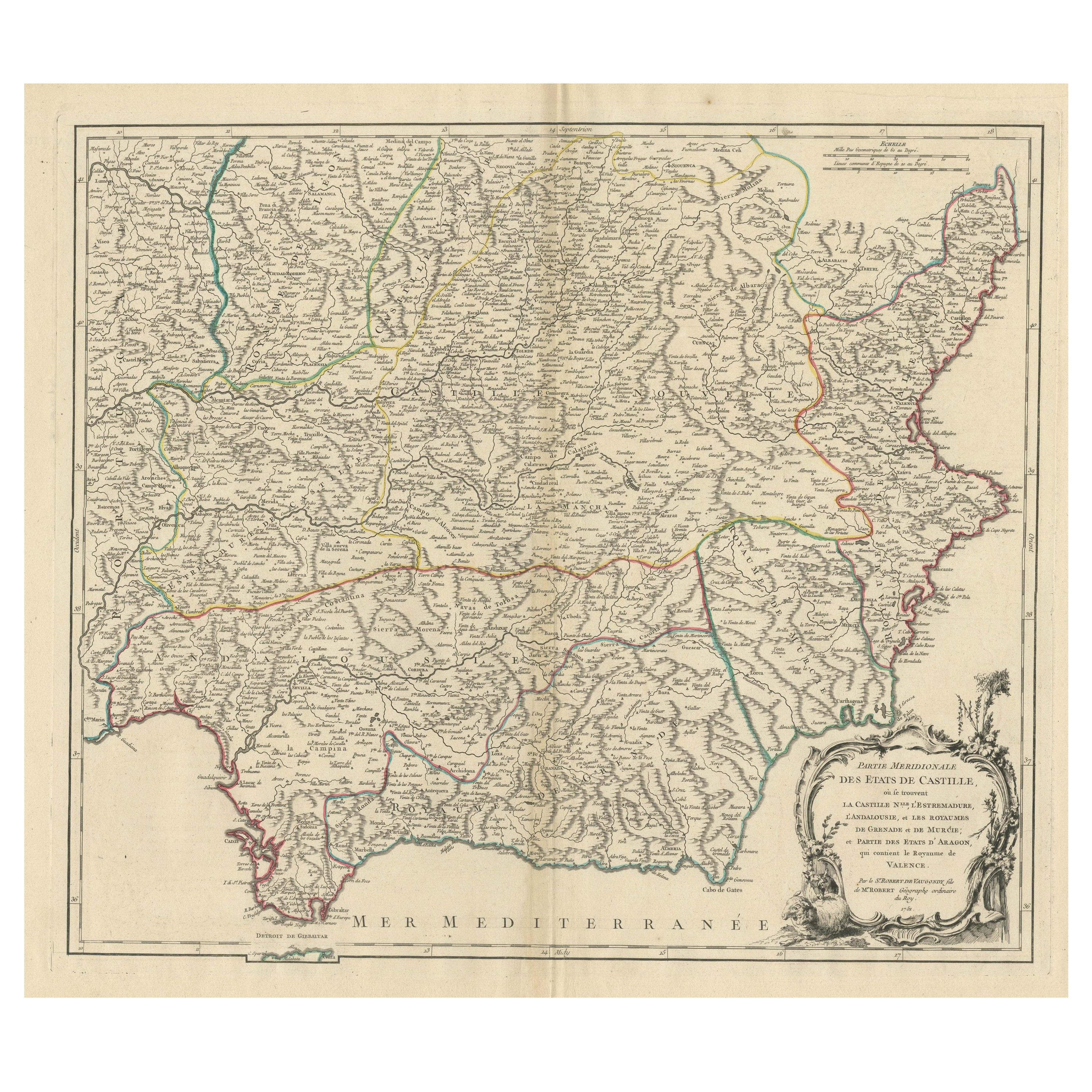 Map of Southern Spain Depicting Castile, Andalusia, Granada, Murcia and Valencia