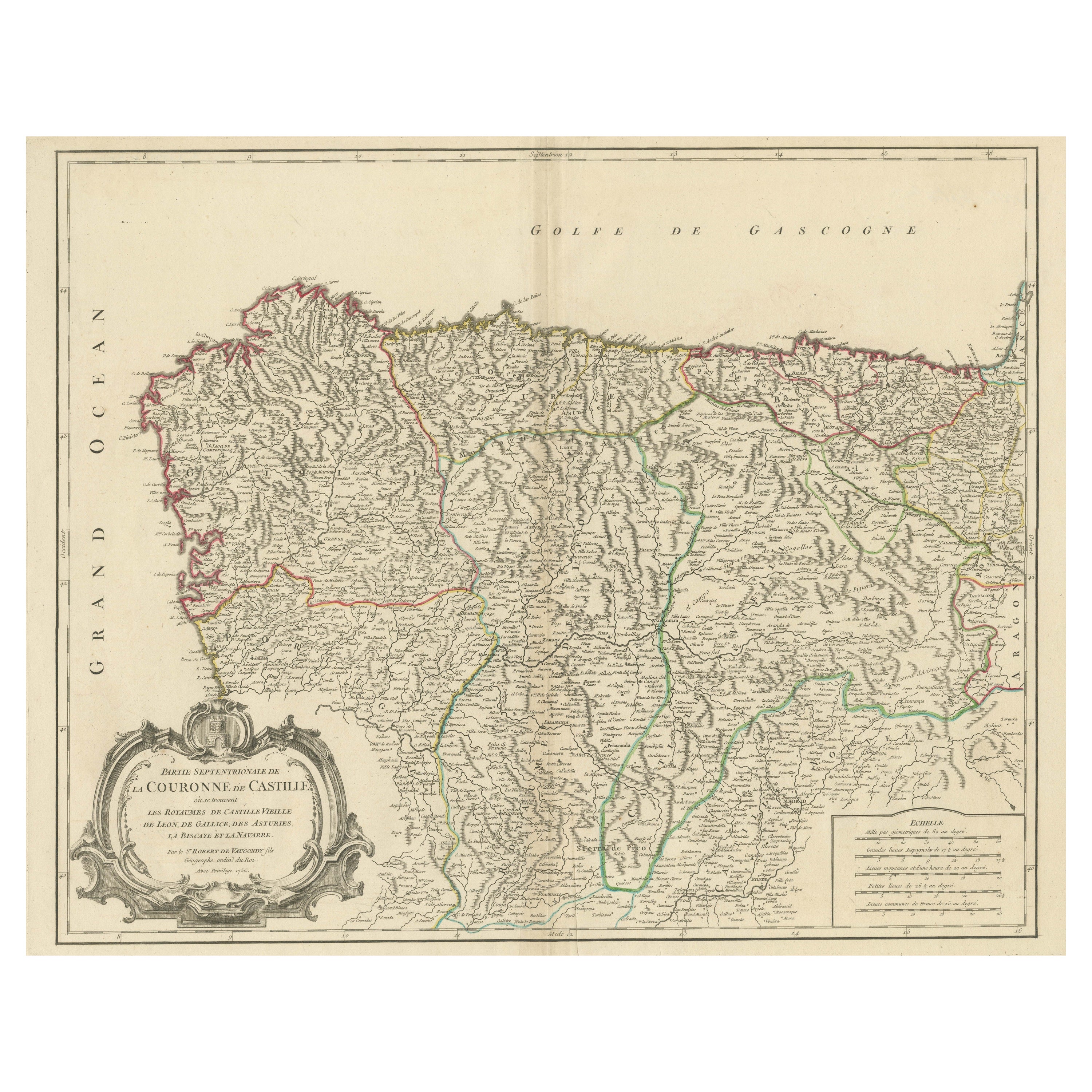 Karte der Königreiche Kastilien, León, Galicia, Asturien, Biskaya und Navarra in Spanien