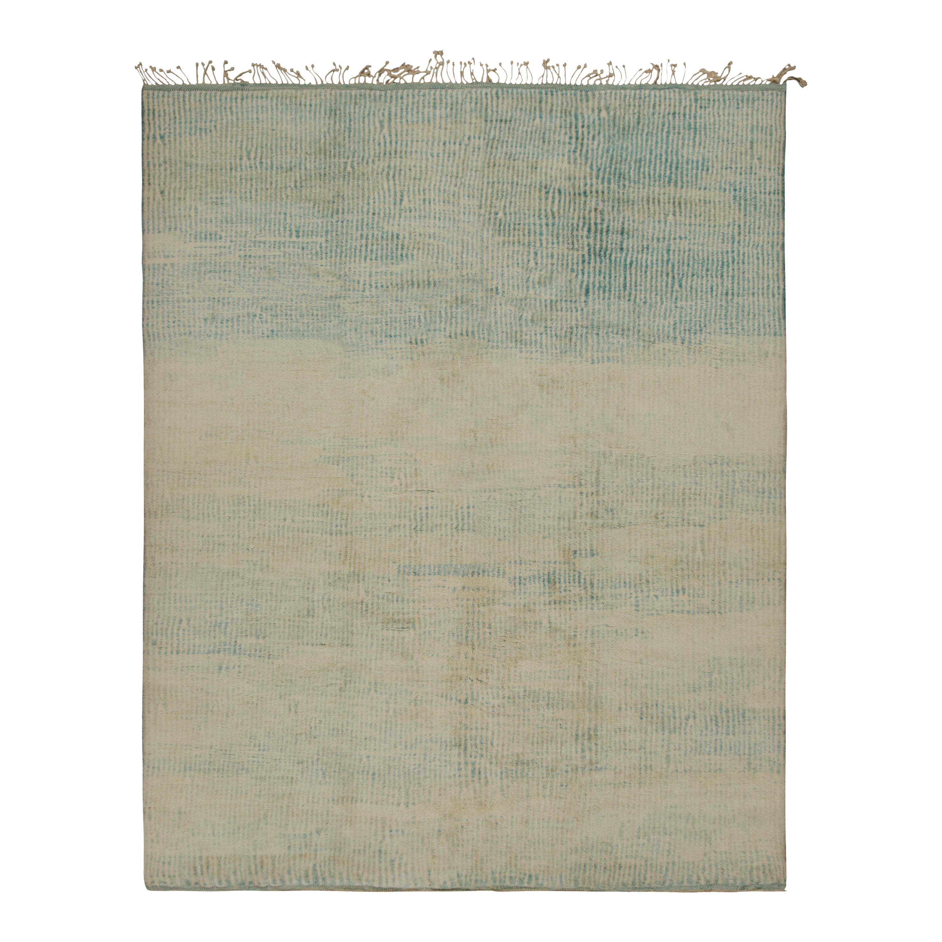 Rug & Kilim’s Moroccan Rug with Beige and Light Blue Stripes in Lush Pile