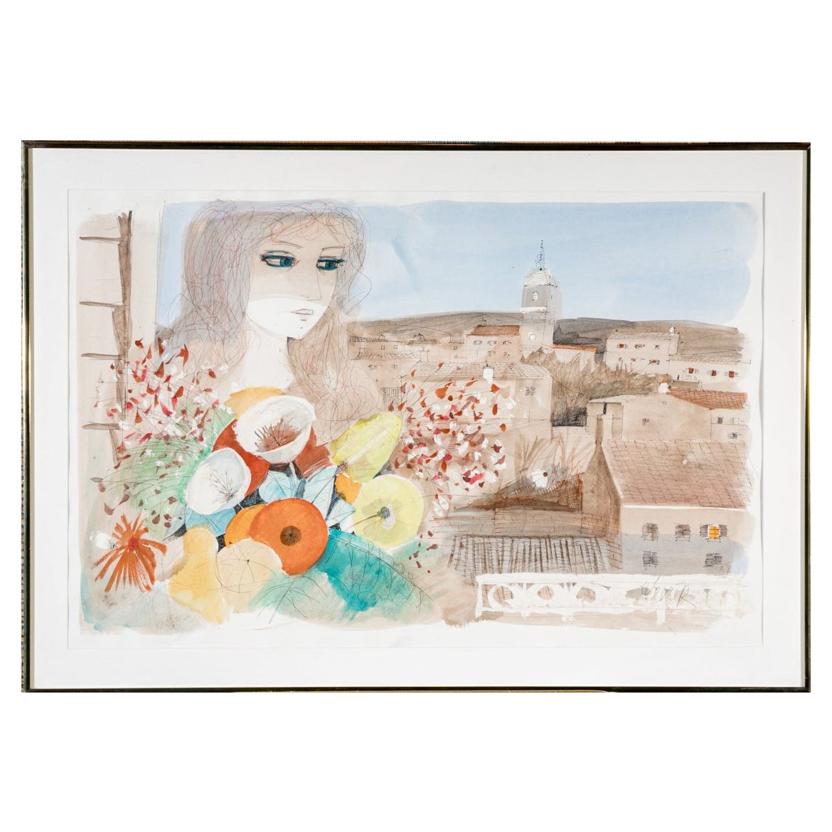 Charles Levier (French, 1920 - 2003) Large Watercolor & Ink Girl With Flowers For Sale