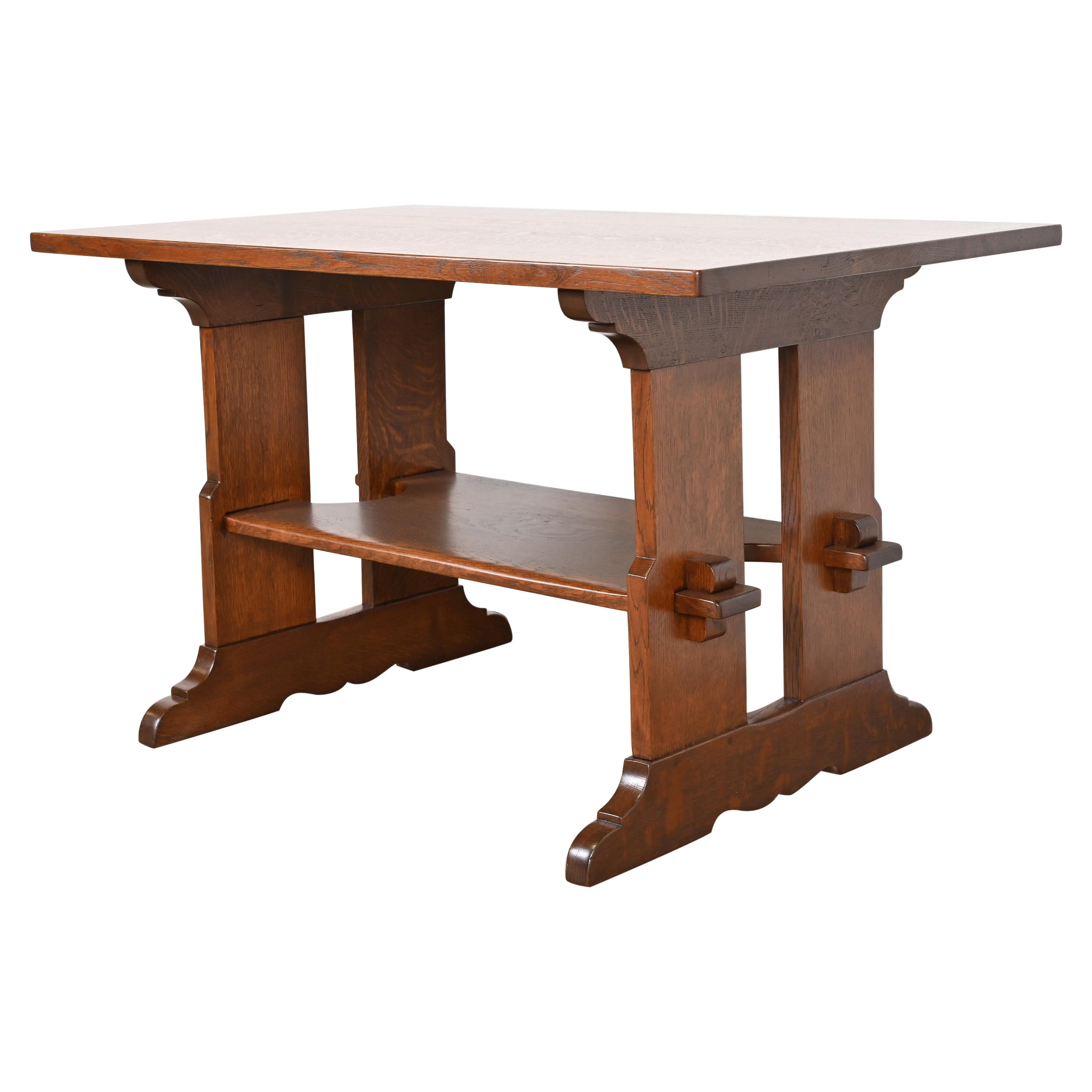 Table de bibliothèque ou bureau à tréteaux en chêne Arts & Crafts Mission de Gustav Stickley en vente