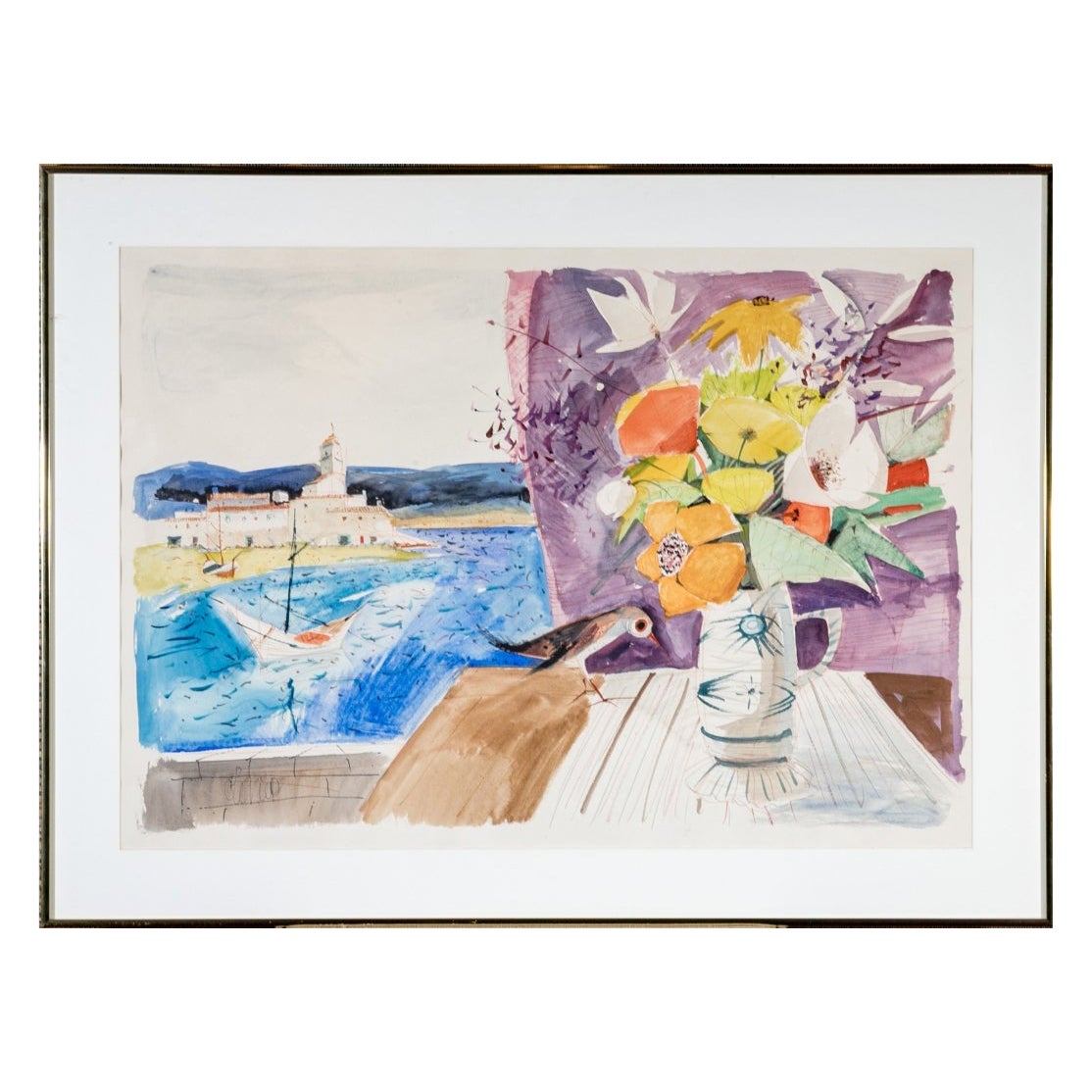 Charles Levier (French, 1920 - 2003) Large Watercolor & Ink Floral Bouquet  For Sale