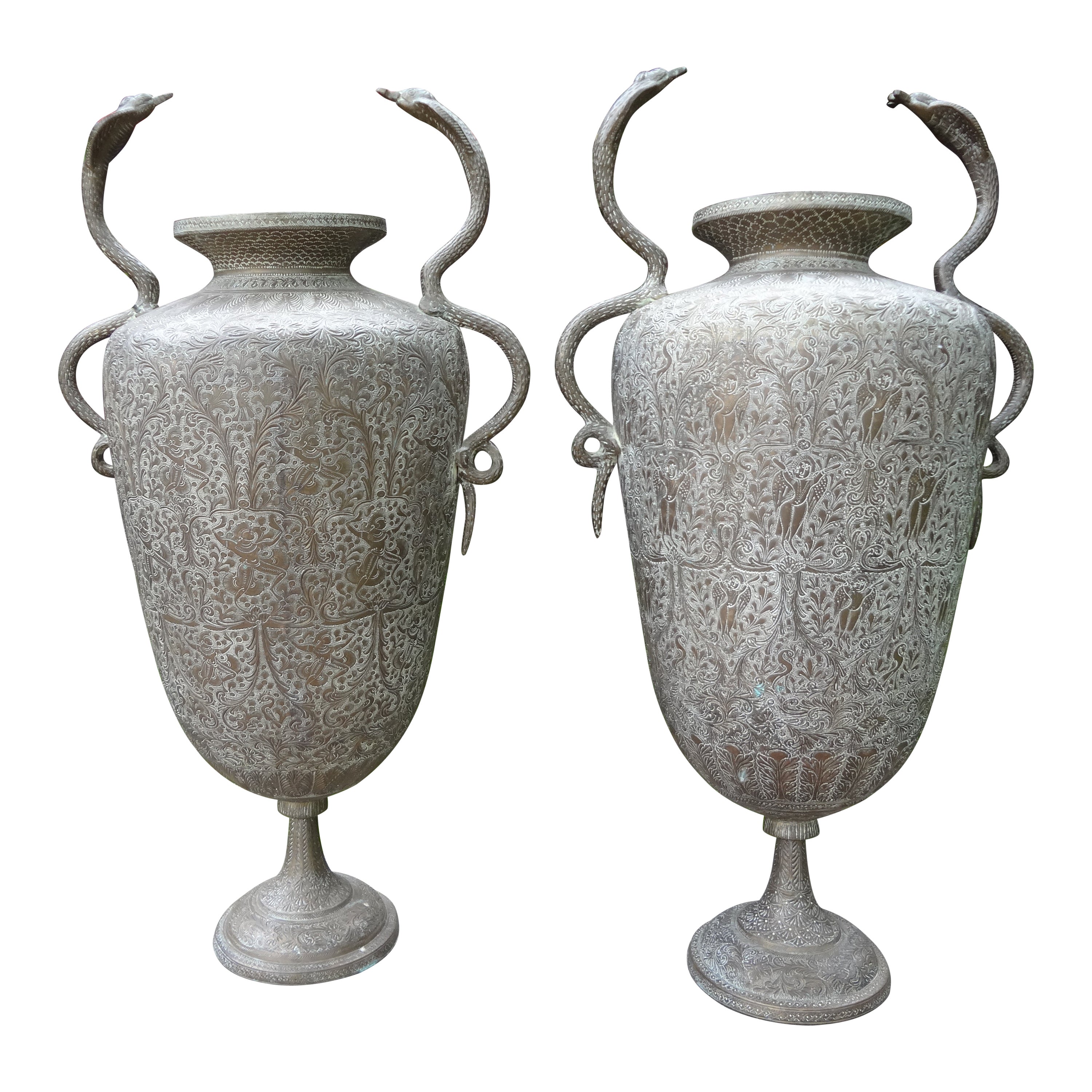 Pair Of Anglo-Indian Brass Urns With Cobras For Sale