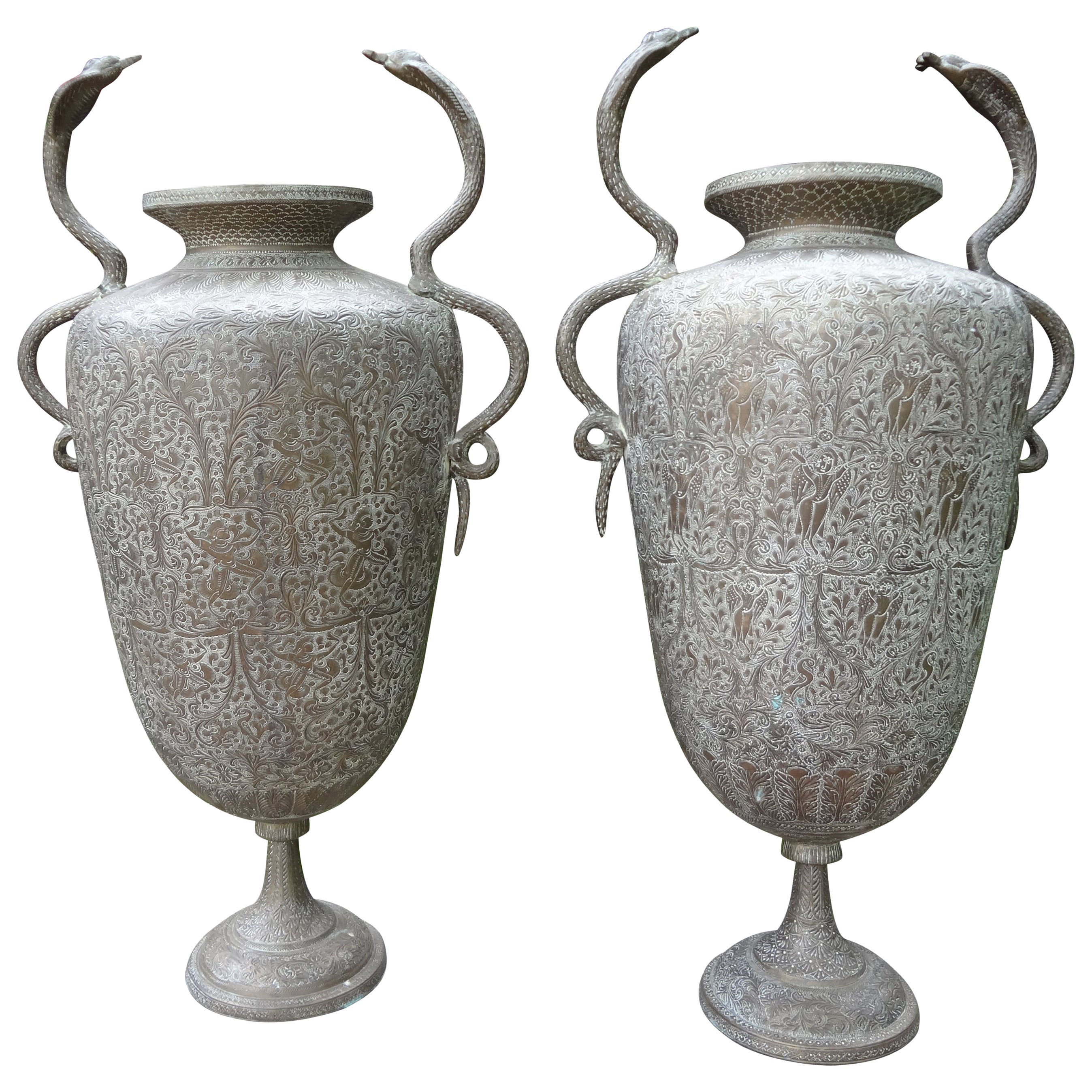 Pair Of Anglo-Indian Brass Urns With Cobras