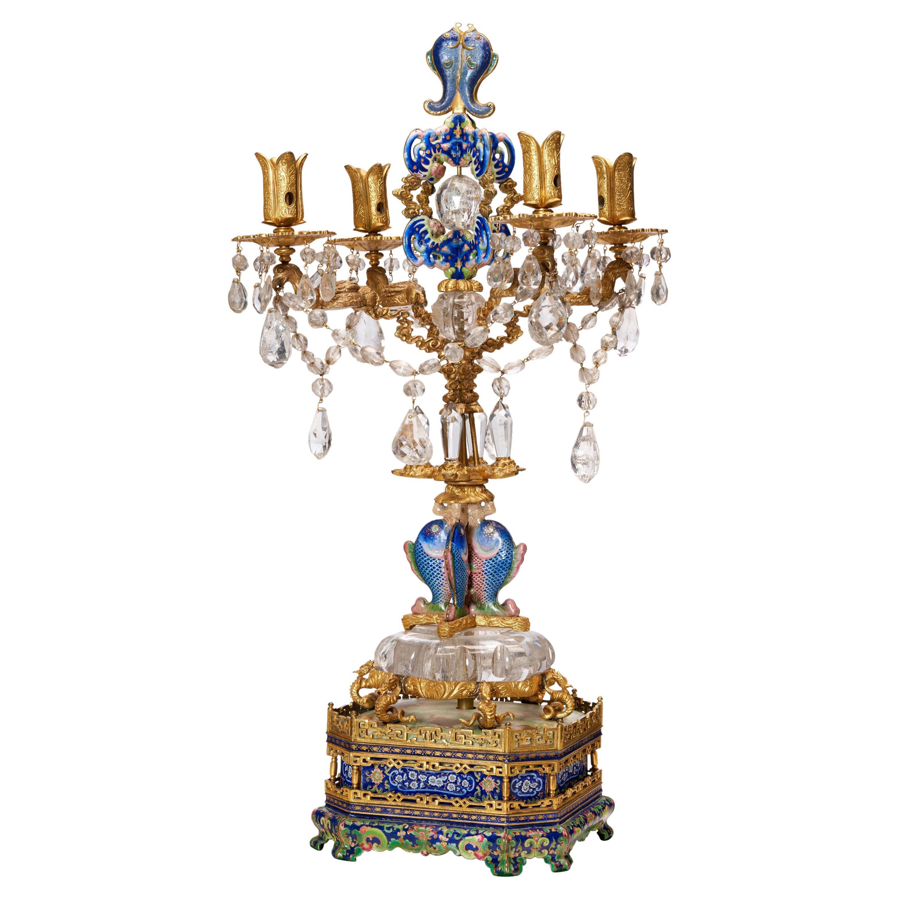 Antique Chinese Rock Crystal Gilt Metal and Enamel Candelabrum For Sale