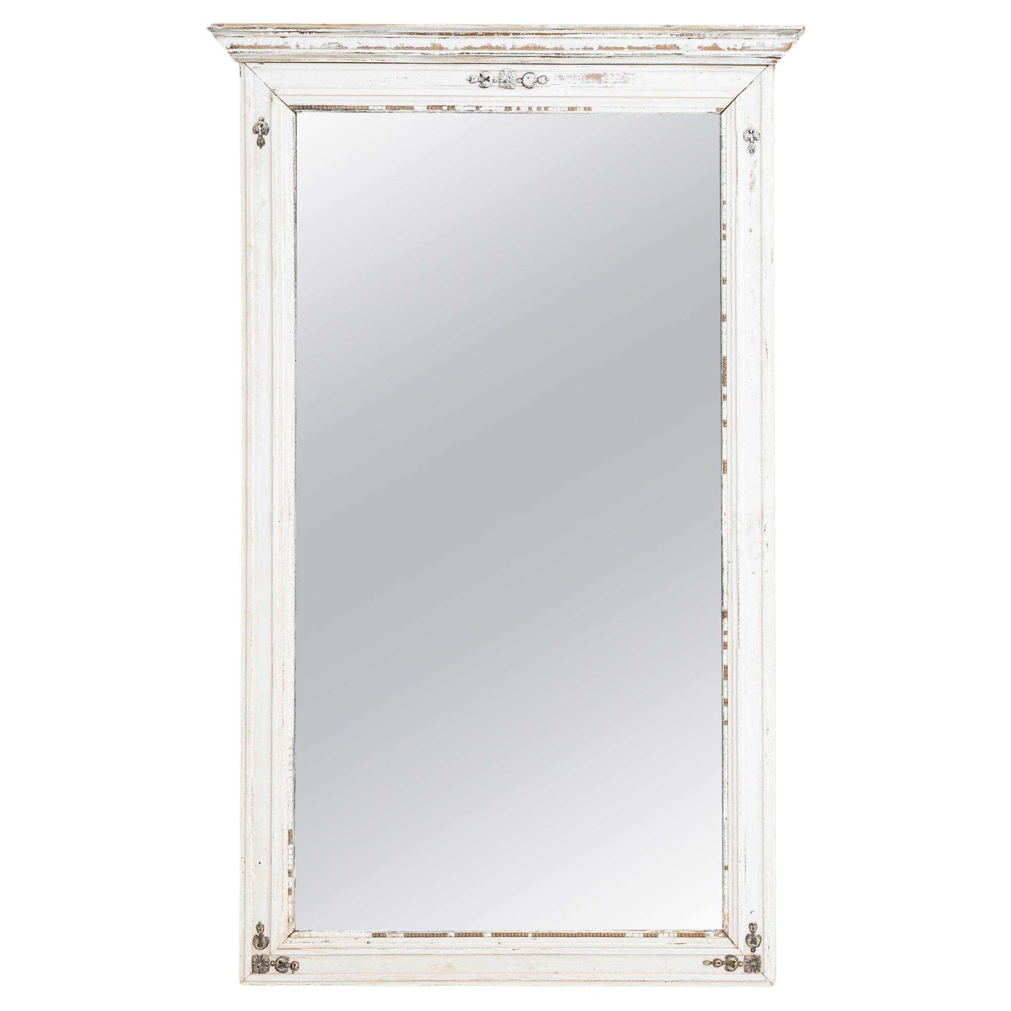 19th Century French Wood White Patinated Mirror For Sale