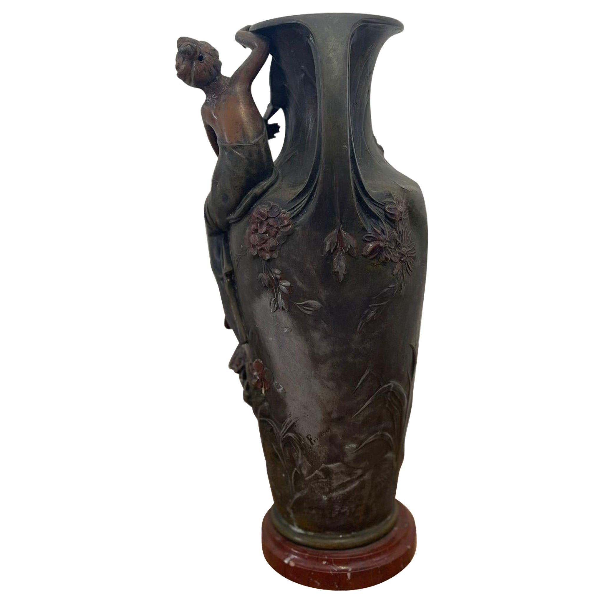 Vintage Art Nouveau Era Vase With Feminine Figurine Sculpture and Floral Motif. For Sale