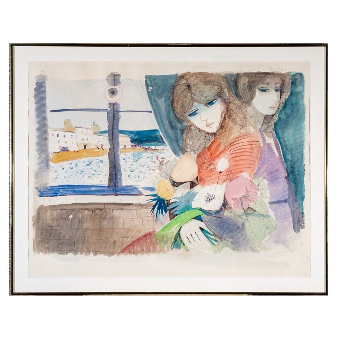 Charles Levier (French, 1920 - 2003) Large Watercolor & Ink 2 Women With Flowers For Sale