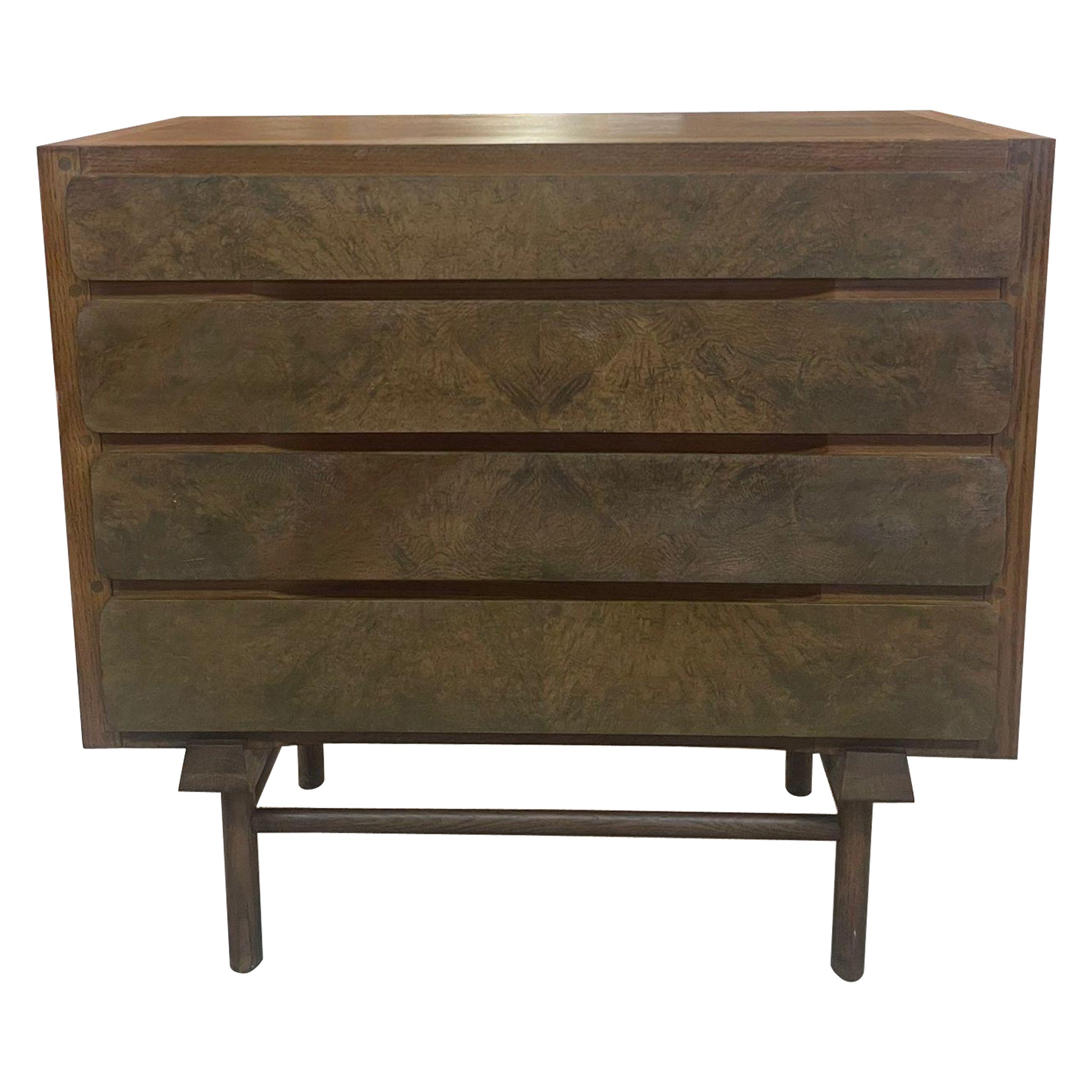 Vintage Mid Century Modern Custom Made Oak Dresser With Burl Accent. For Sale