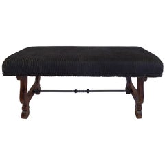 Italian Modern Neoclassical Walnut and Hammered Iron Bench