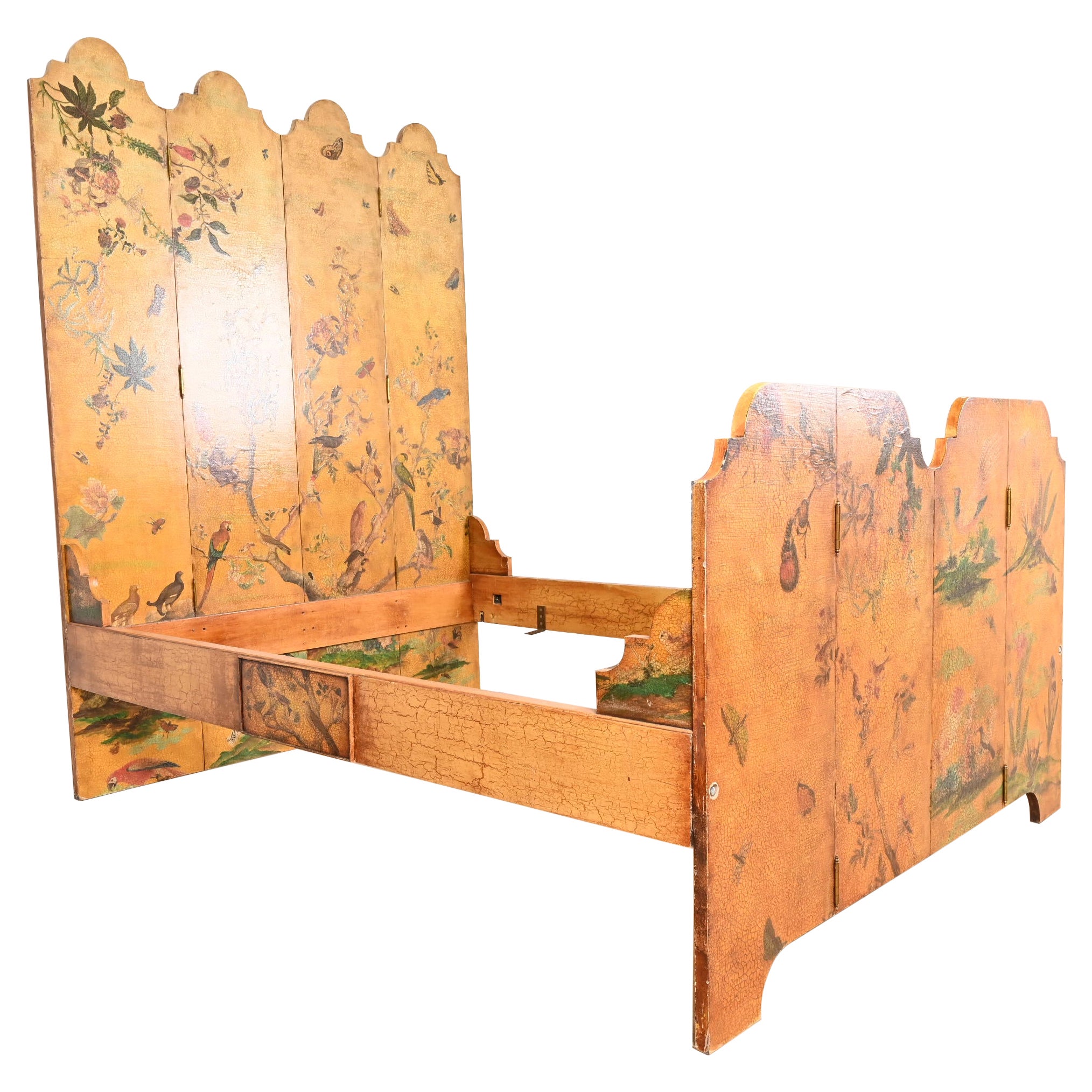 Chinoiserie Hollywood Regency Hand Painted Lacquered Queen Size Bed For Sale