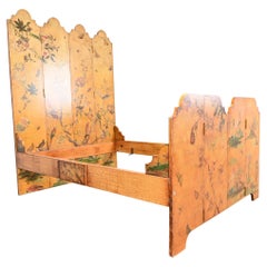 Retro Chinoiserie Hollywood Regency Hand Painted Lacquered Queen Size Bed